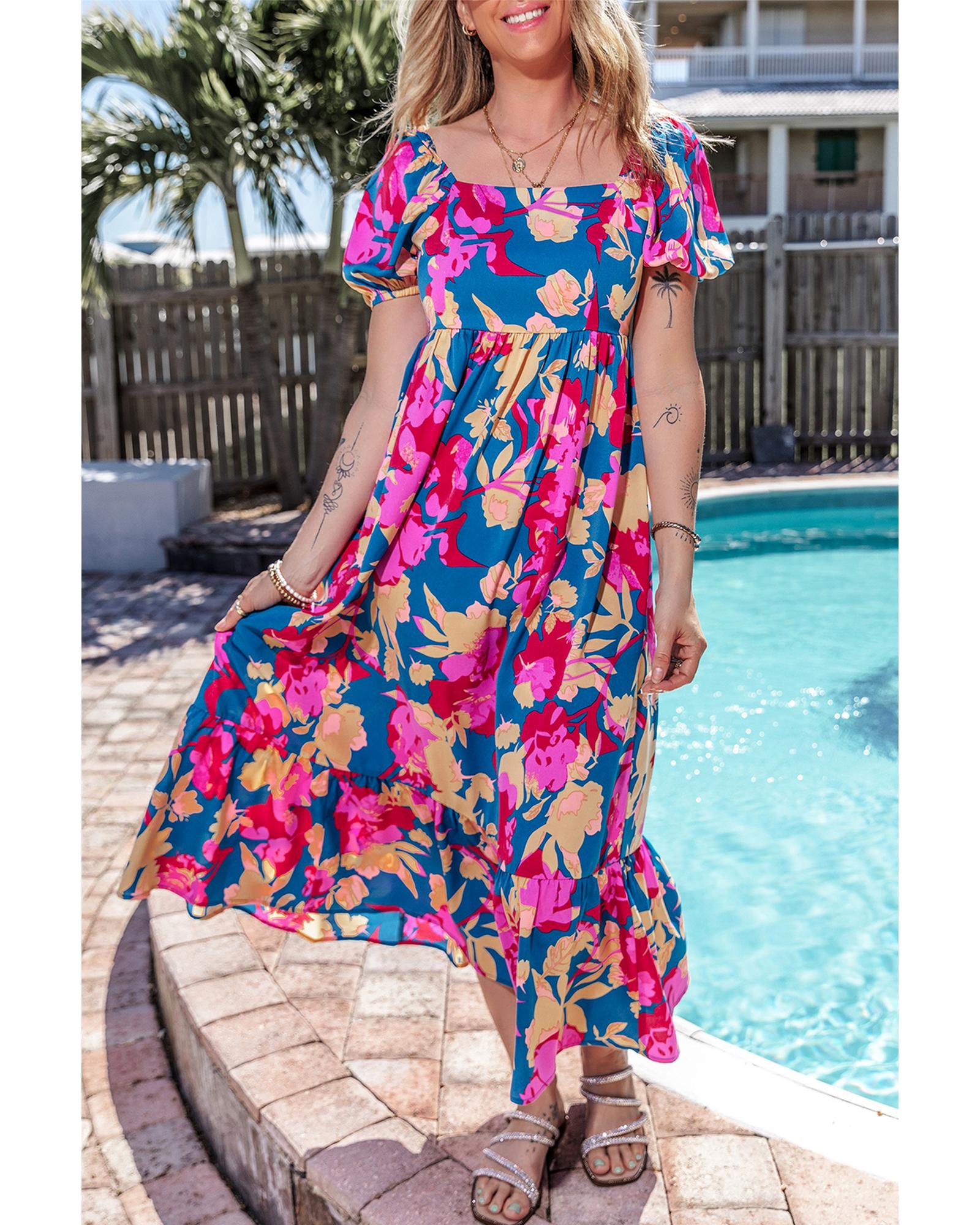 Dark Blue Square Neck Bubble Sleeve Ruffled Floral Dress - L 6