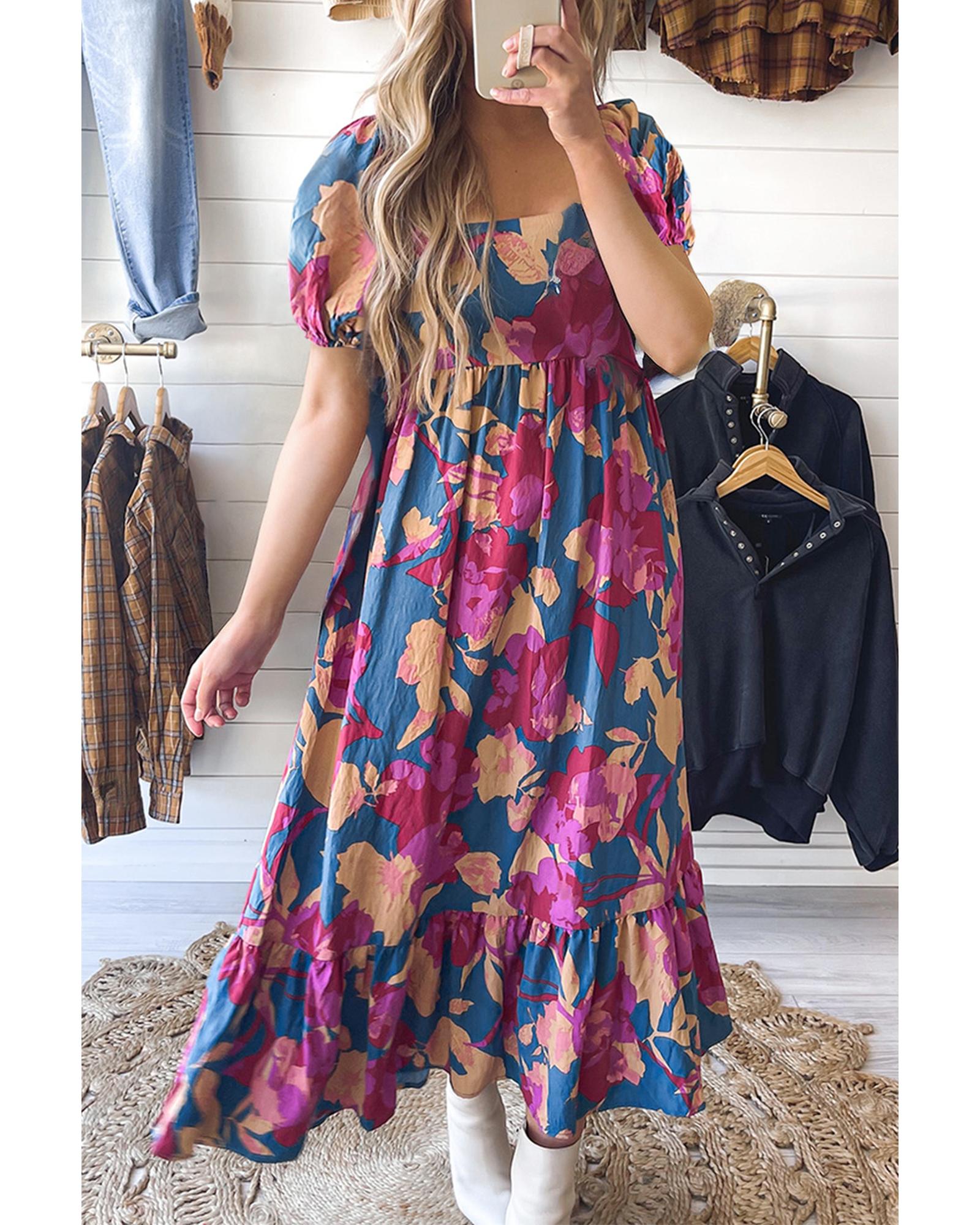 Dark Blue Square Neck Bubble Sleeve Ruffled Floral Dress - L 7