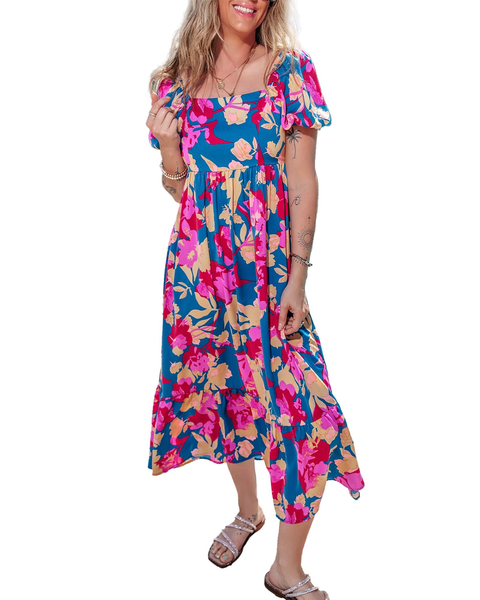 Dark Blue Square Neck Bubble Sleeve Ruffled Floral Dress - L 8