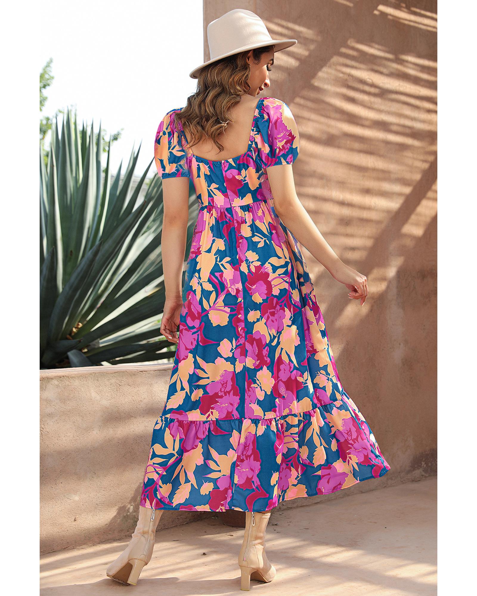 Dark Blue Square Neck Bubble Sleeve Ruffled Floral Dress - M