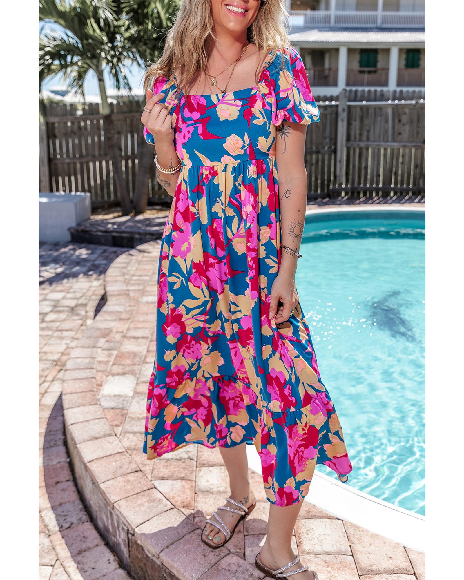 Dark Blue Square Neck Bubble Sleeve Ruffled Floral Dress - M 5