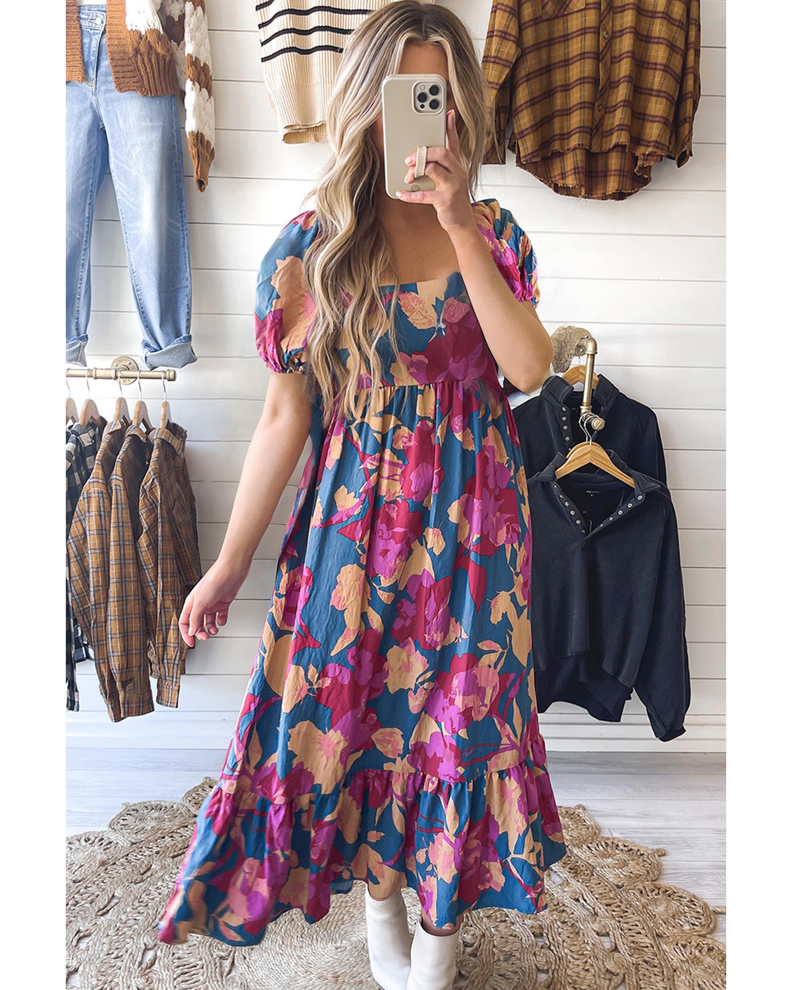 Dark Blue Square Neck Bubble Sleeve Ruffled Floral Dress - M 7