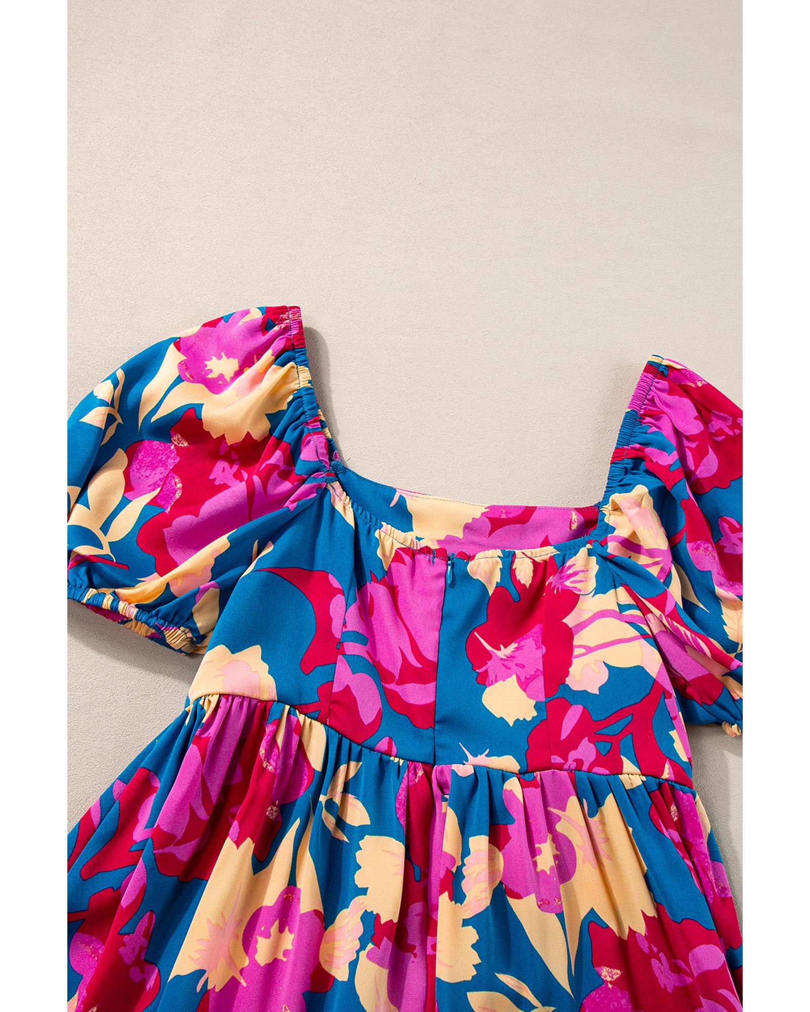Dark Blue Square Neck Bubble Sleeve Ruffled Floral Dress - S 8