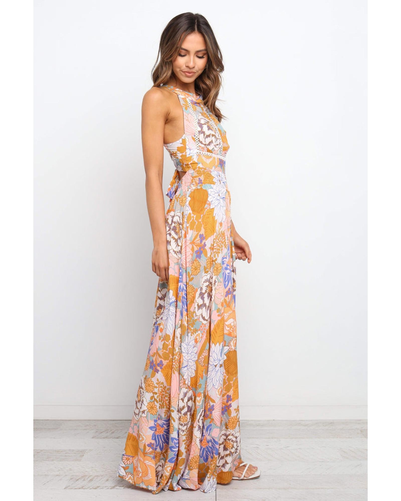 Orange Boho Floral Backless Lace up Sleeveless Maxi Dress - L