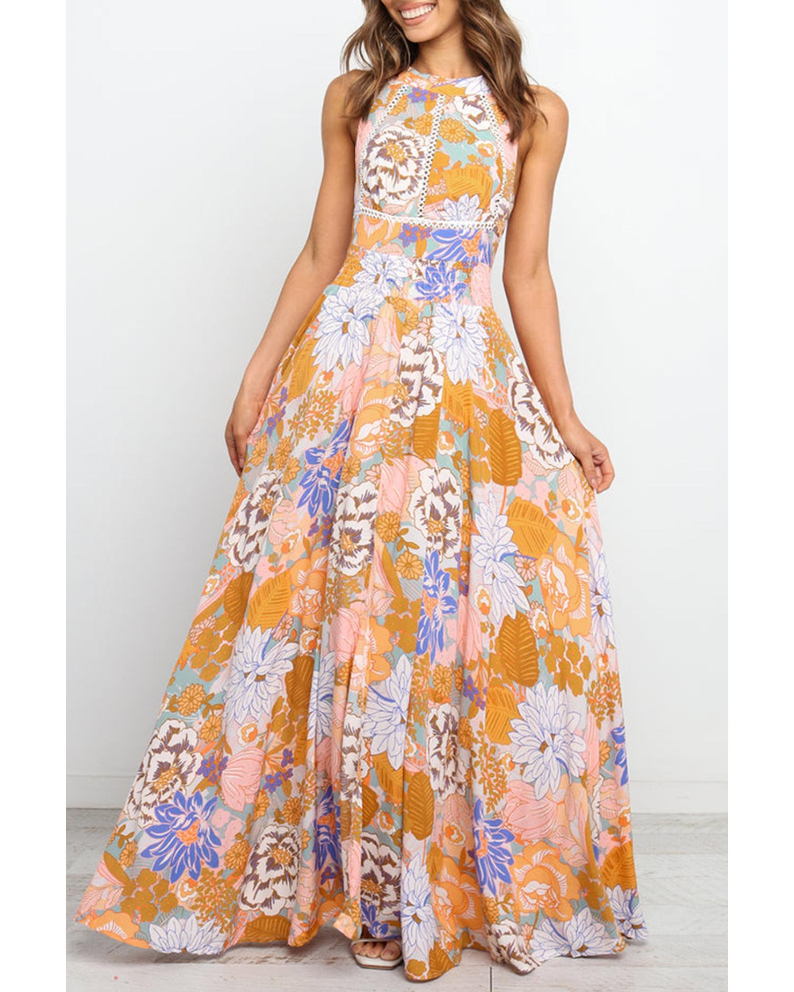 Orange Boho Floral Backless Lace up Sleeveless Maxi Dress - L 5
