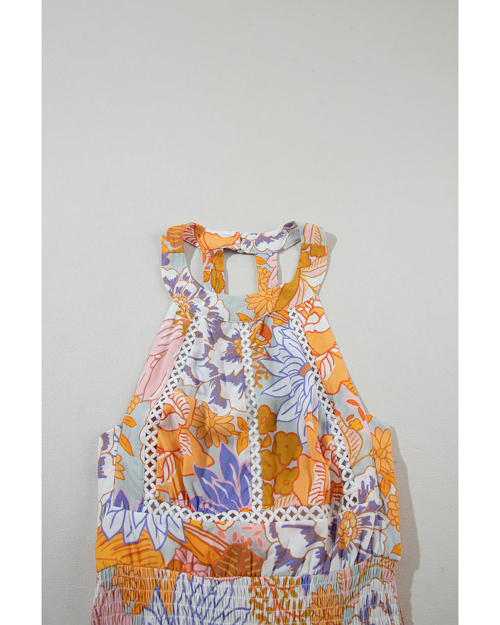 Orange Boho Floral Backless Lace up Sleeveless Maxi Dress - L 7