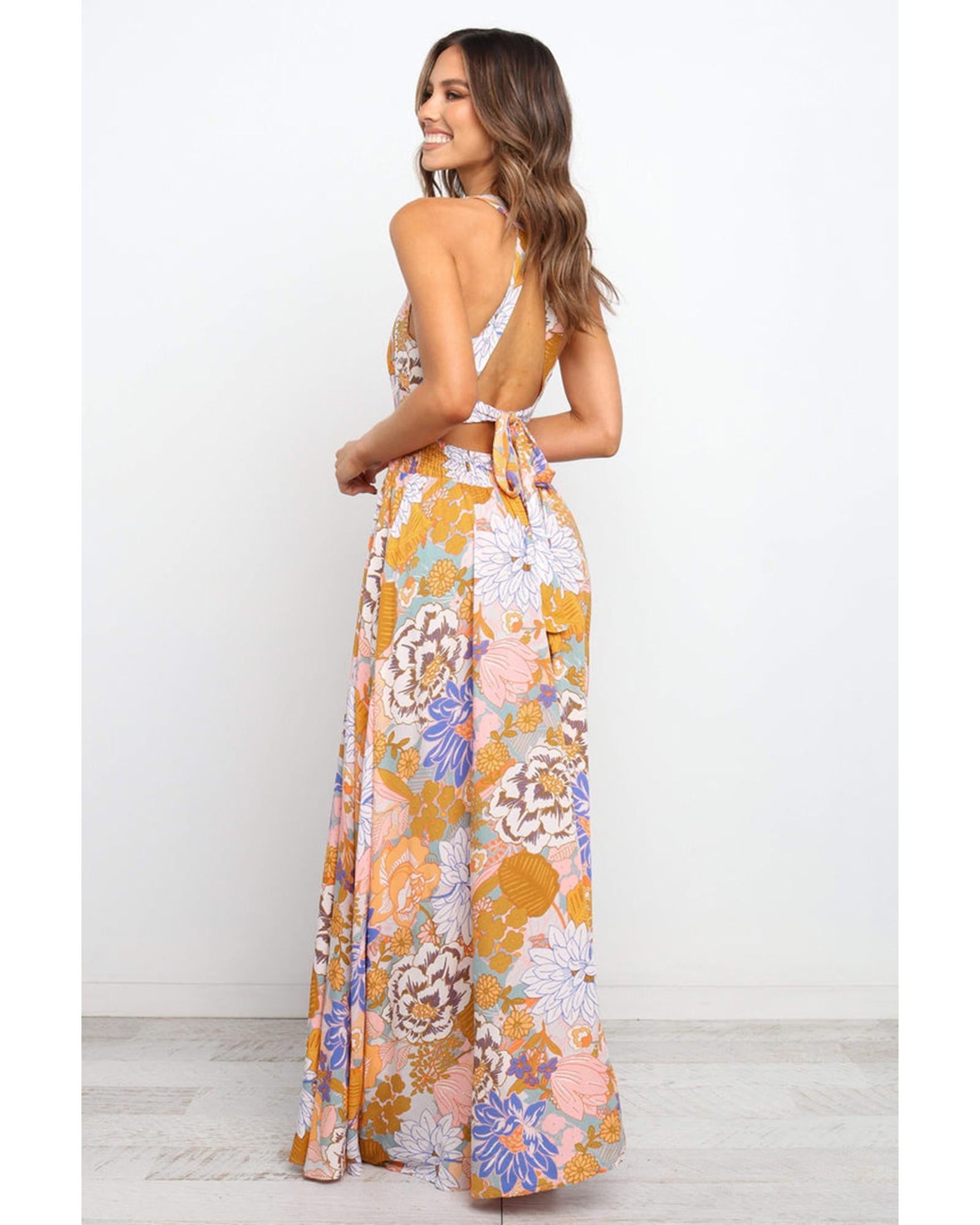 Orange Boho Floral Backless Lace up Sleeveless Maxi Dress - XL 3