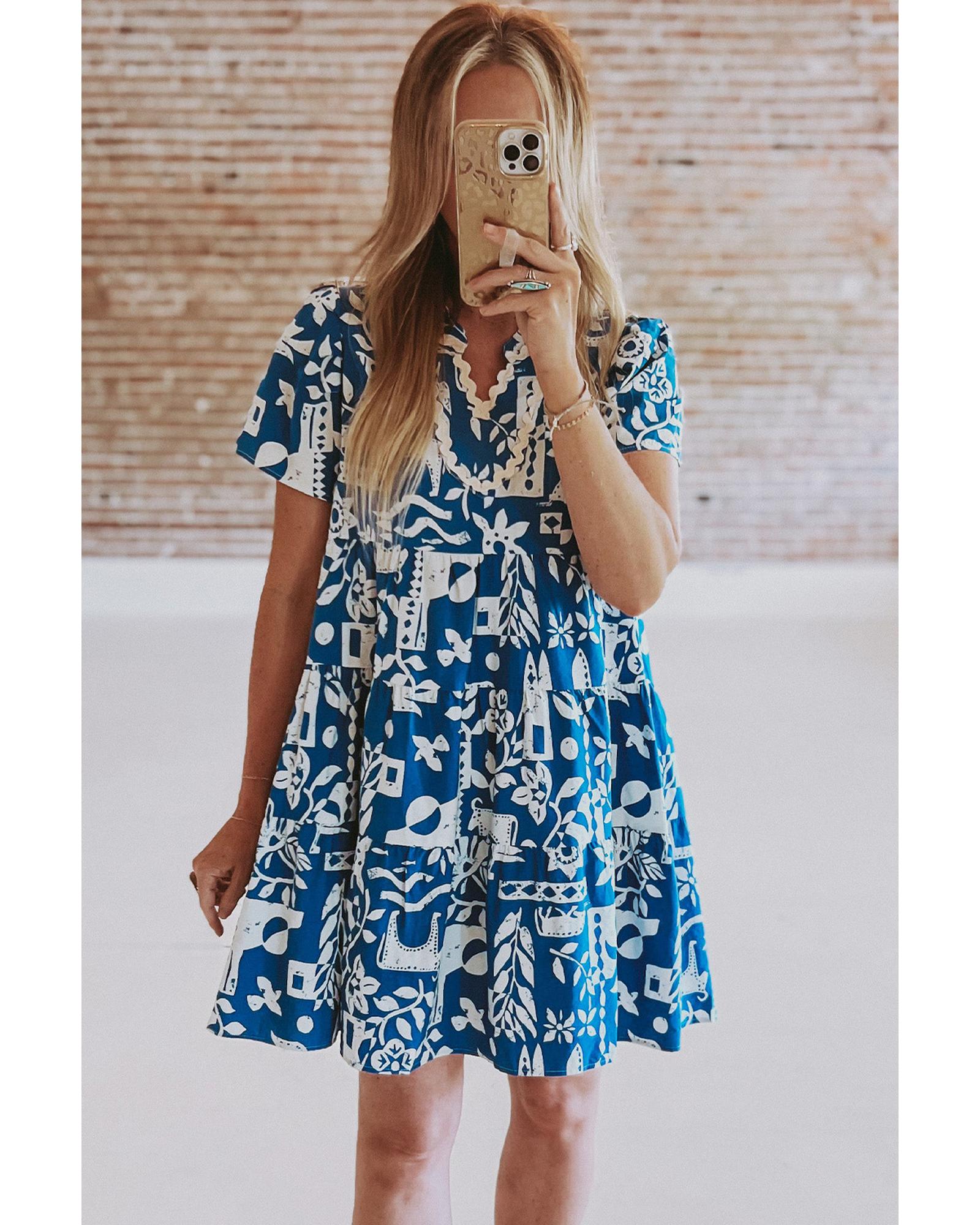 Blue Ricrac Trim Split Neck Floral Loose Dress - L 5
