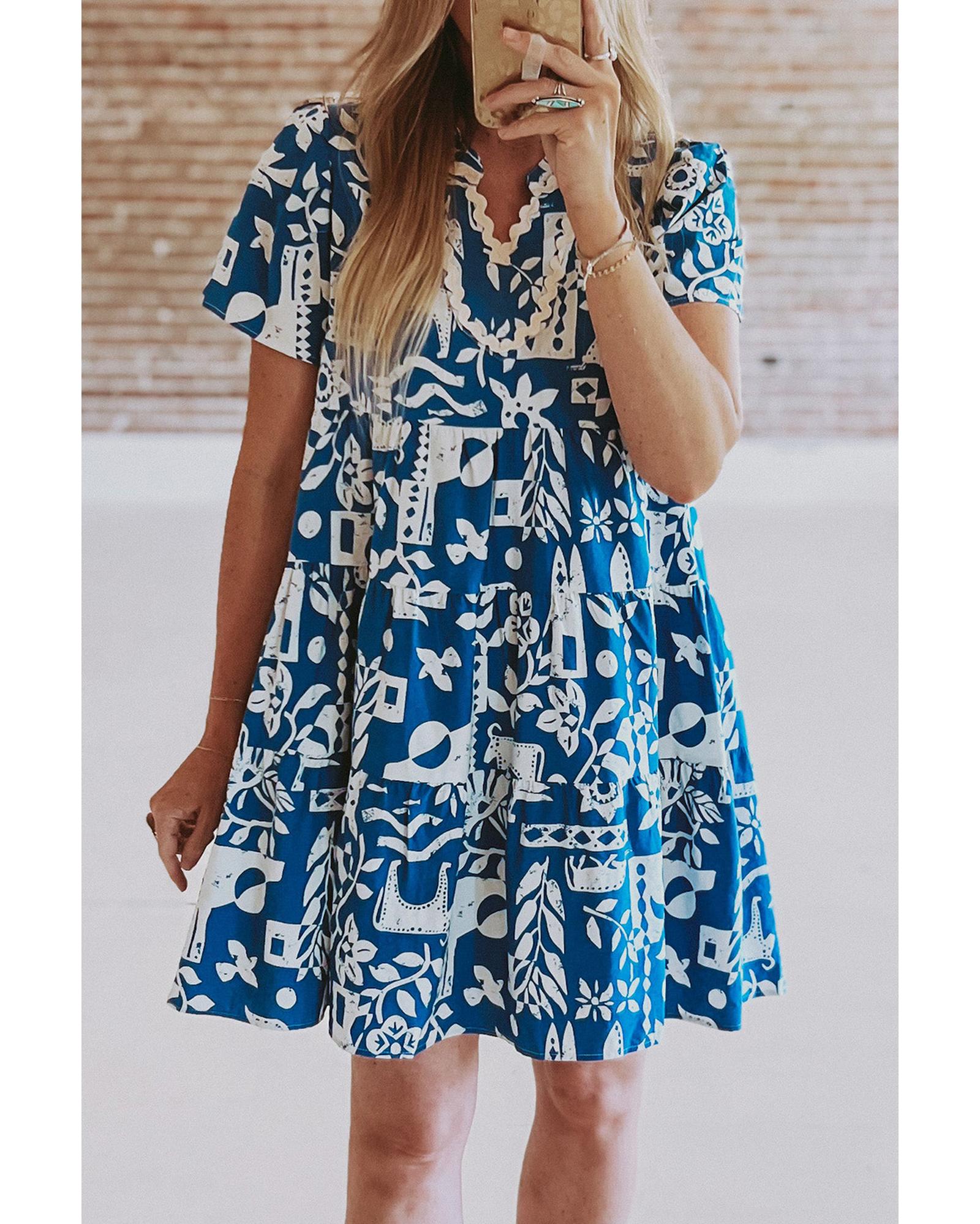 Blue Ricrac Trim Split Neck Floral Loose Dress - L 7