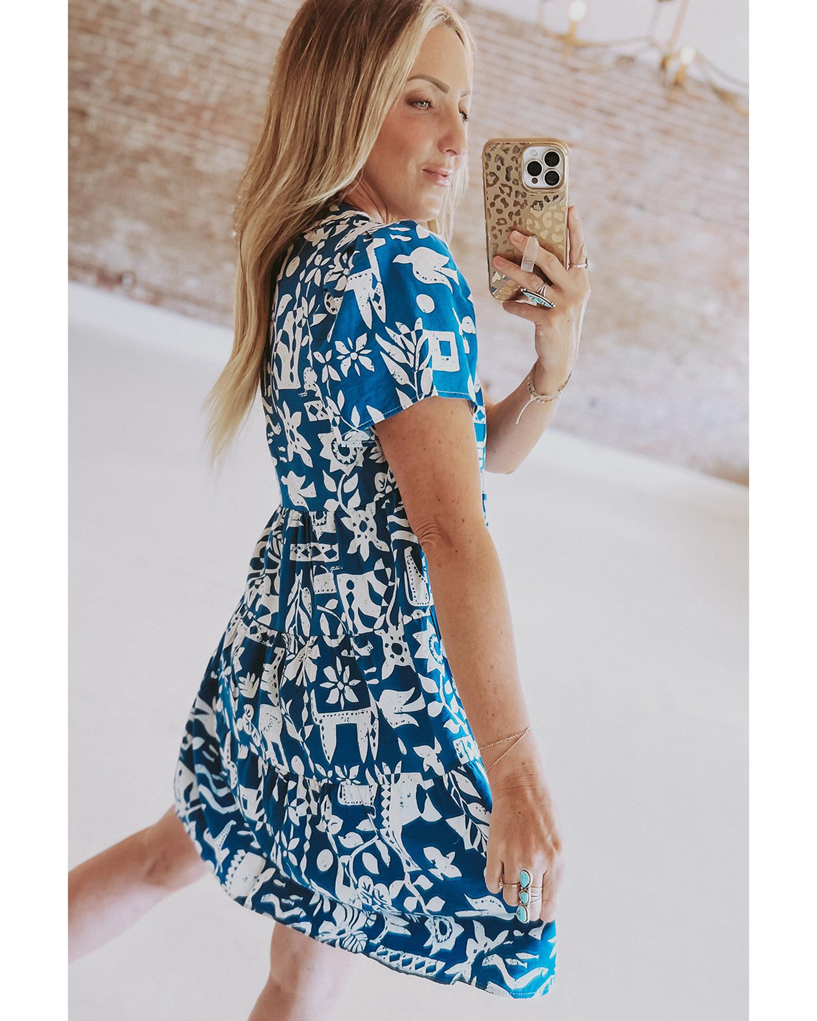 Blue Ricrac Trim Split Neck Floral Loose Dress - L 8