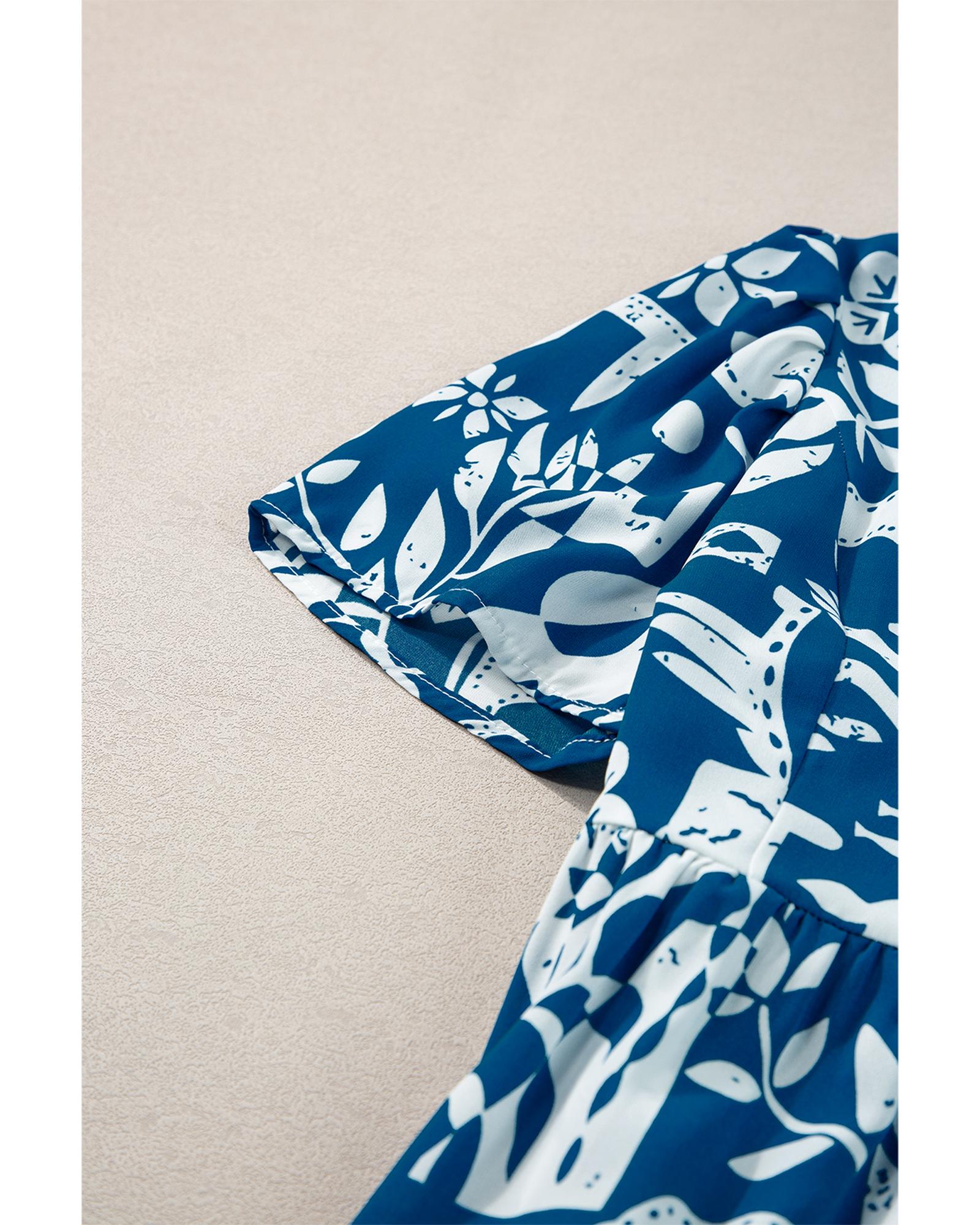 Blue Ricrac Trim Split Neck Floral Loose Dress - M 6