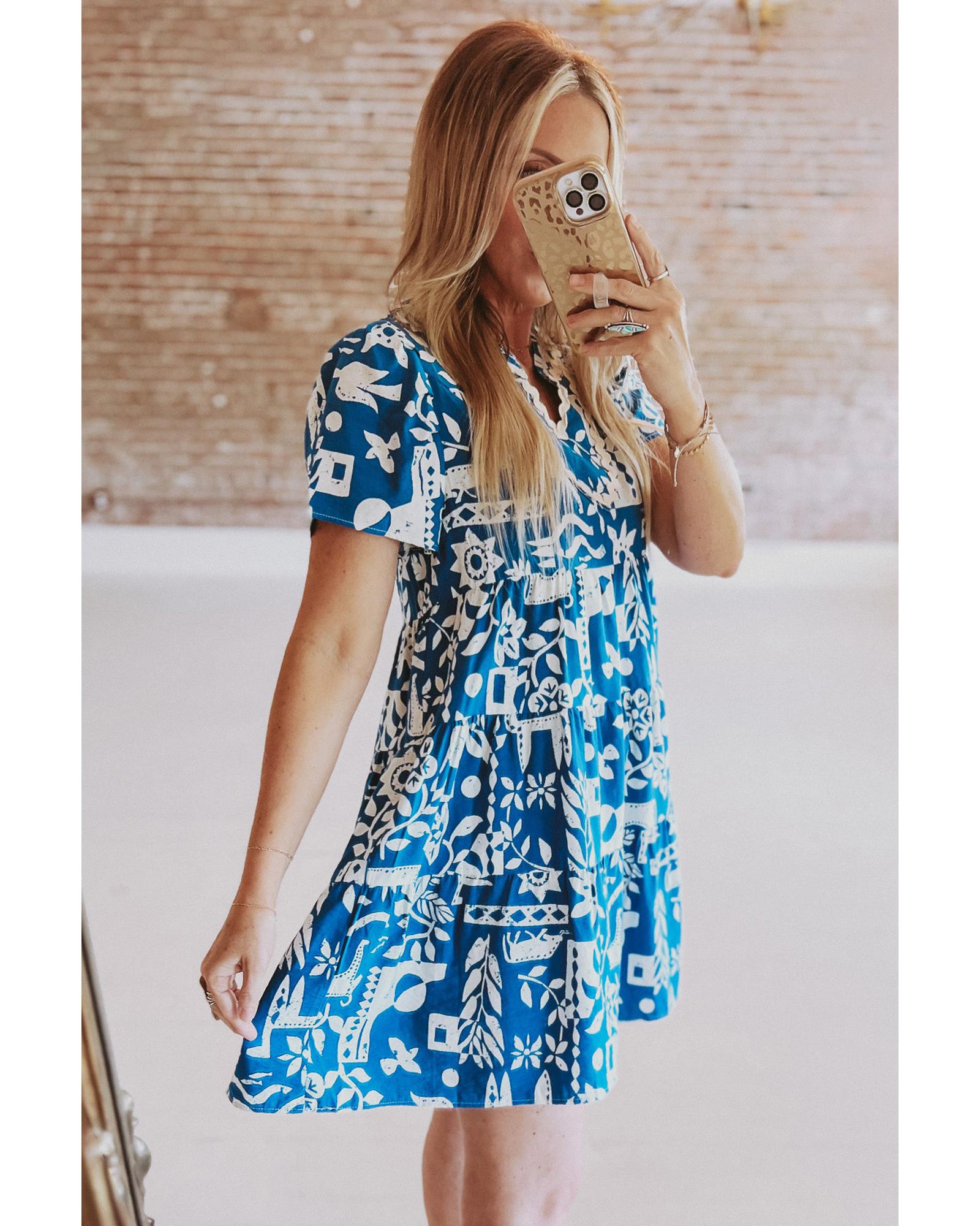 Blue Ricrac Trim Split Neck Floral Loose Dress - XL