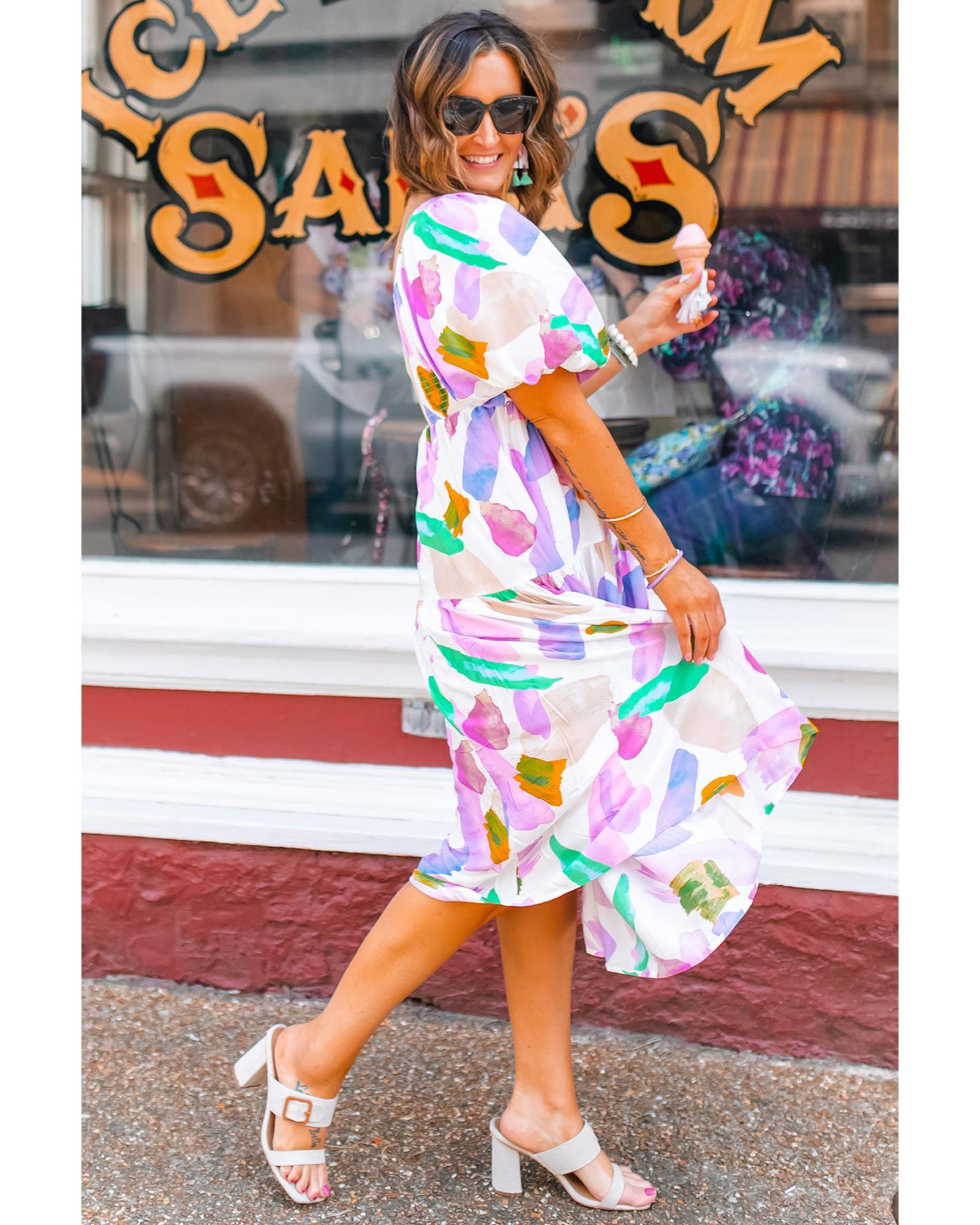 Purple Abstract Print Puff Sleeve Smocked Back Midi Dress - L