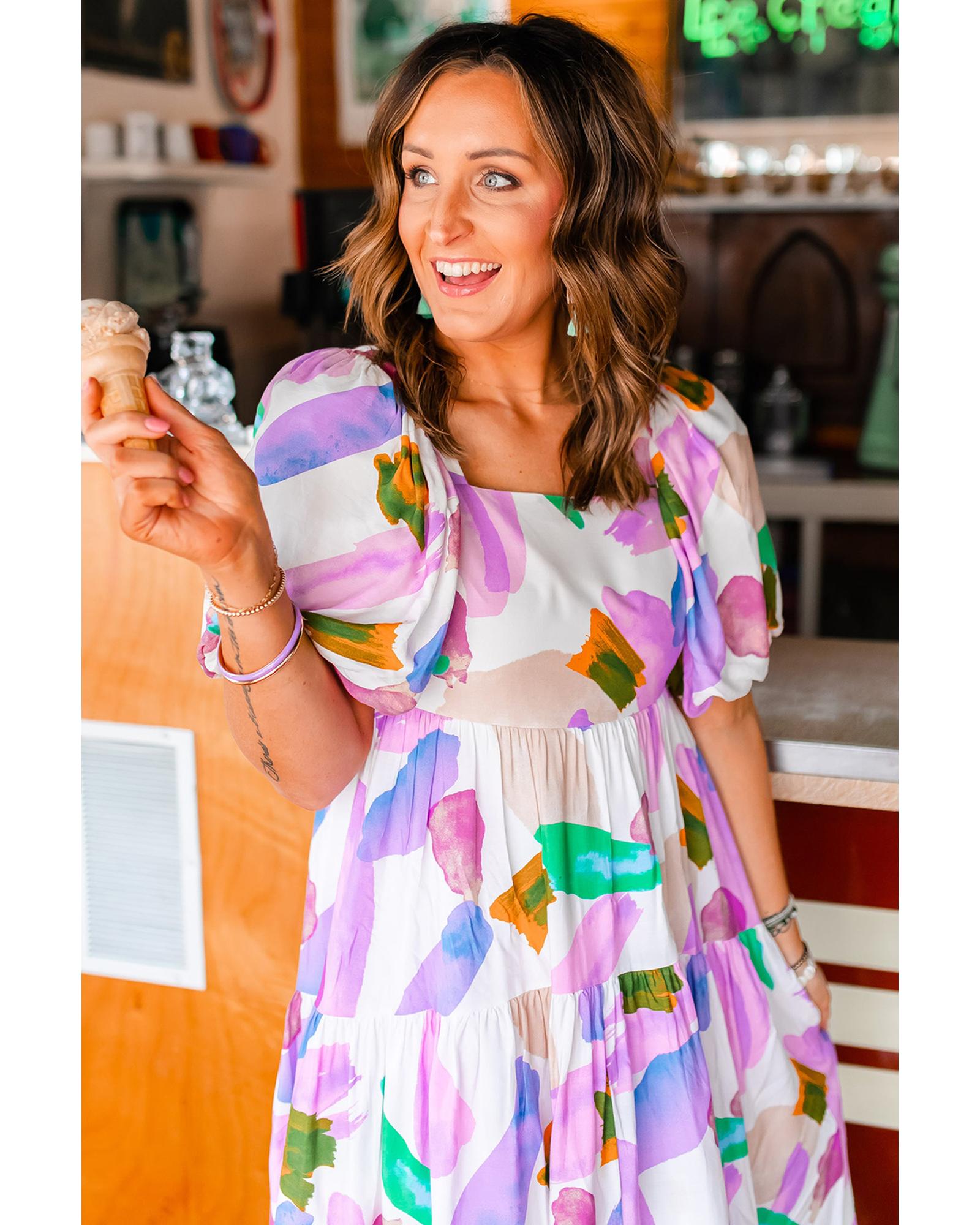 Purple Abstract Print Puff Sleeve Smocked Back Midi Dress - L