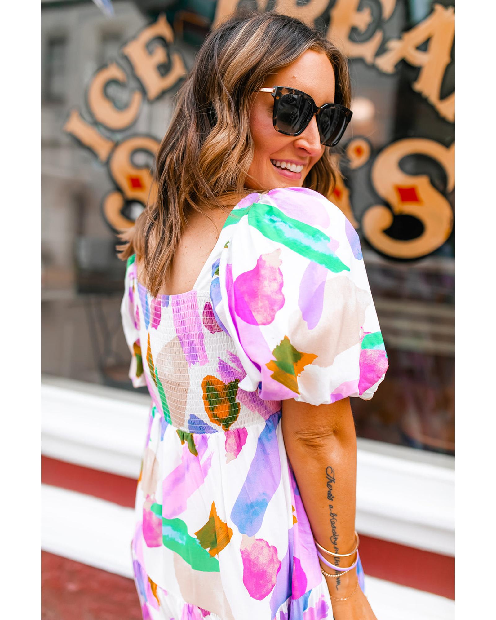 Purple Abstract Print Puff Sleeve Smocked Back Midi Dress - L 3