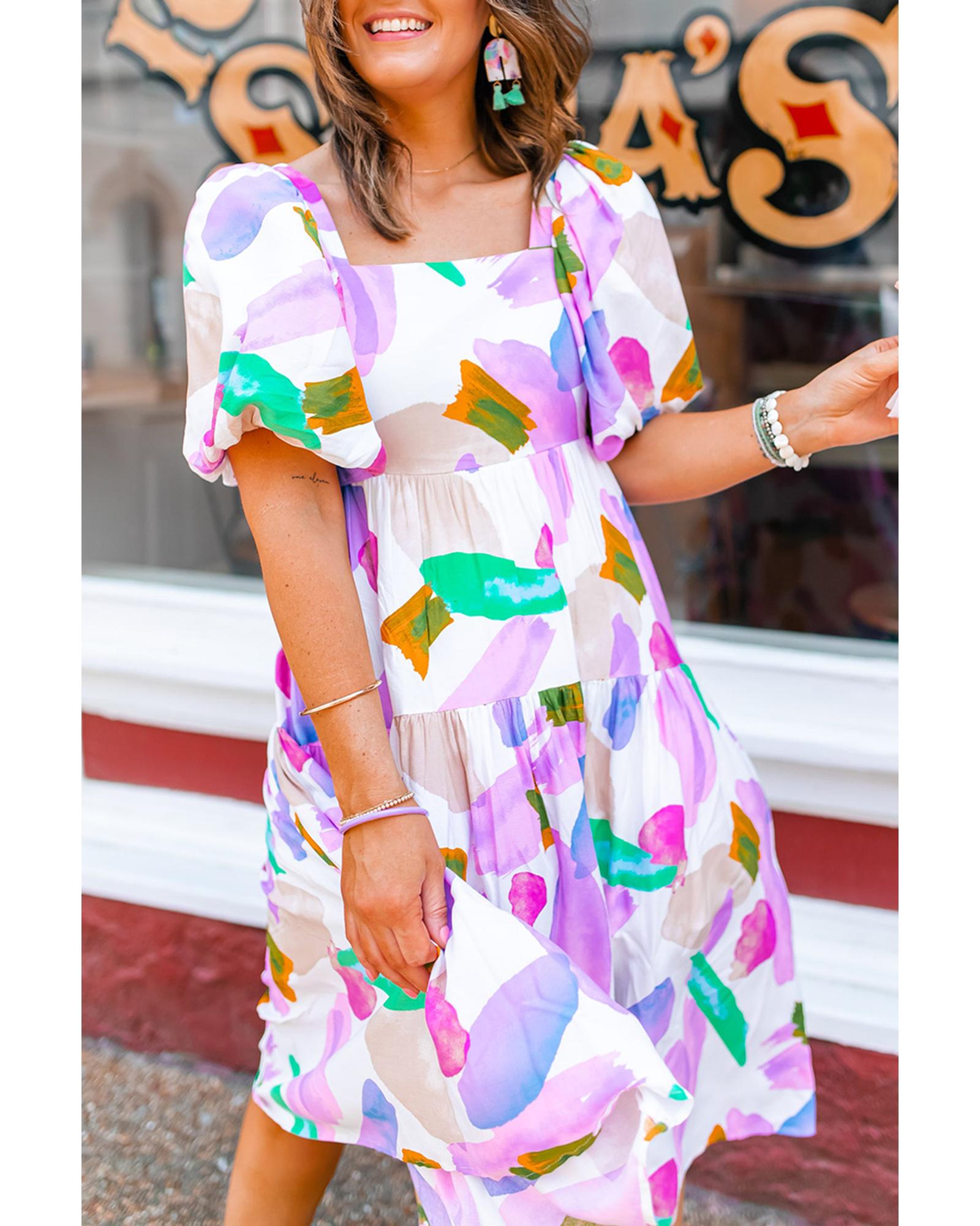 Purple Abstract Print Puff Sleeve Smocked Back Midi Dress - L 4