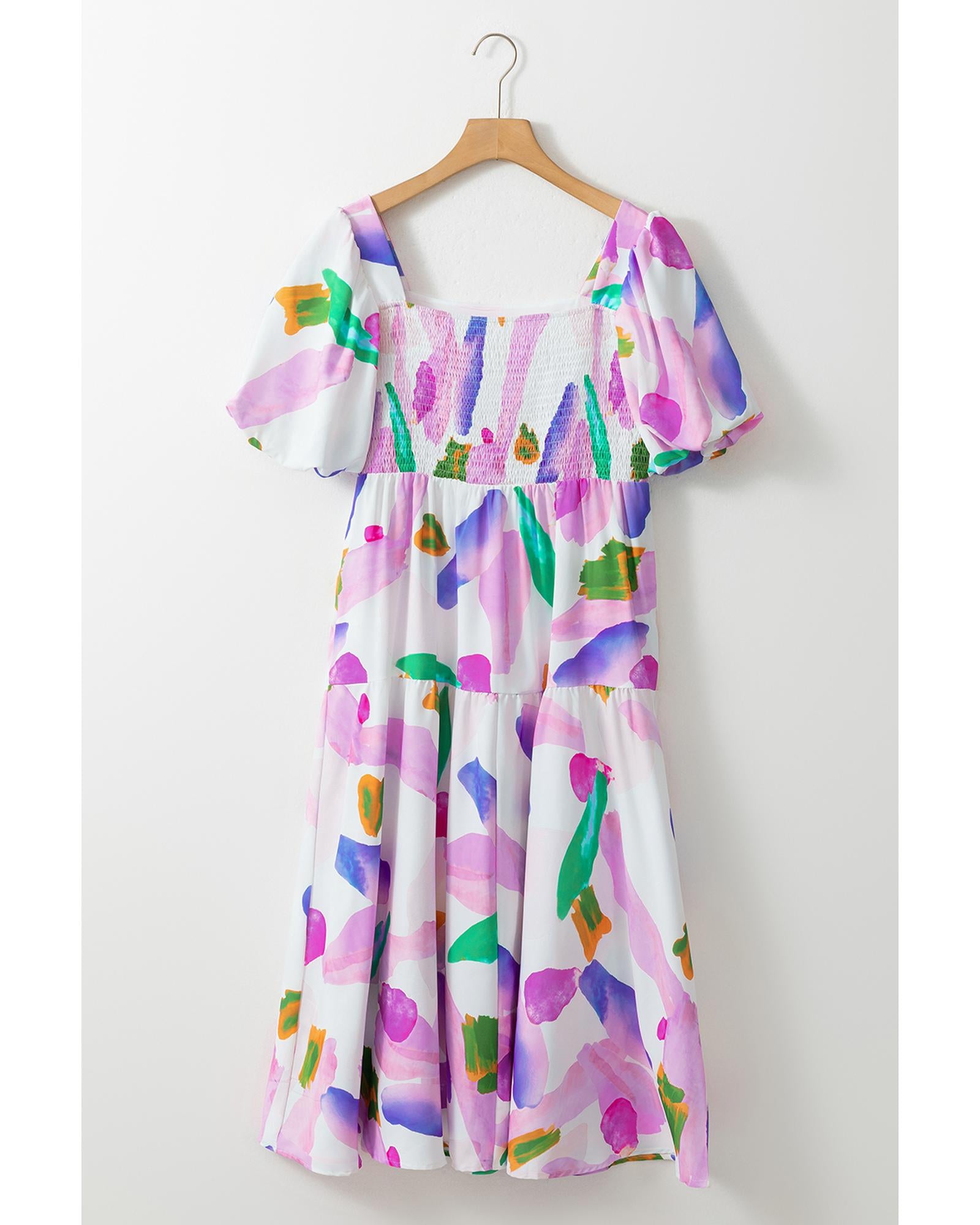 Purple Abstract Print Puff Sleeve Smocked Back Midi Dress - L 5