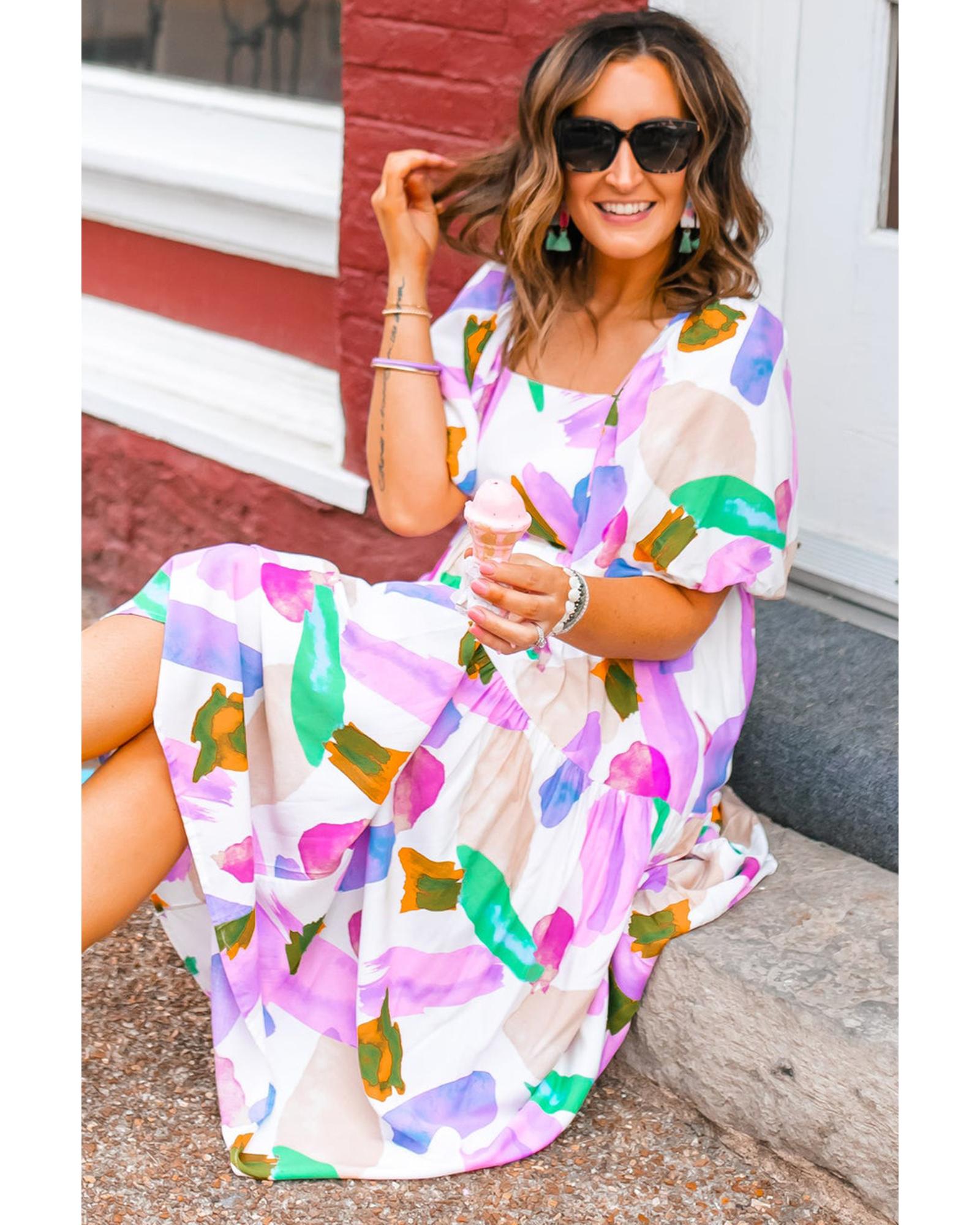 Purple Abstract Print Puff Sleeve Smocked Back Midi Dress - L 7