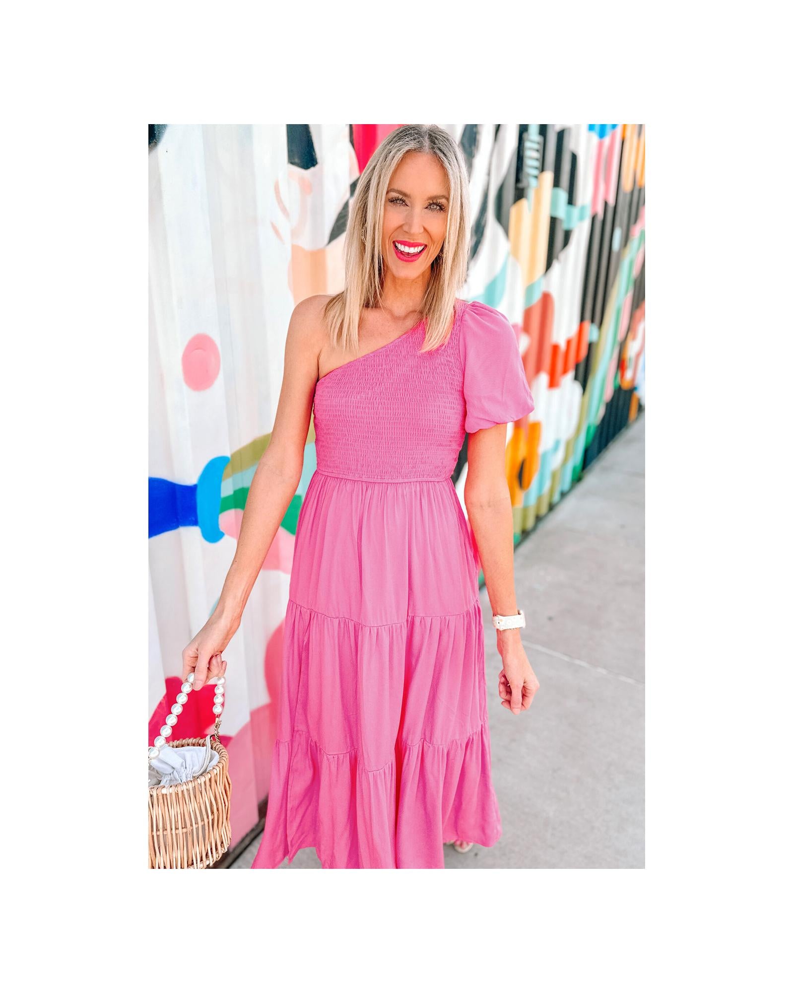 Strawberry Pink Asymmetric Puff Sleeve Smocked Bodice Tiered Midi Dress - L