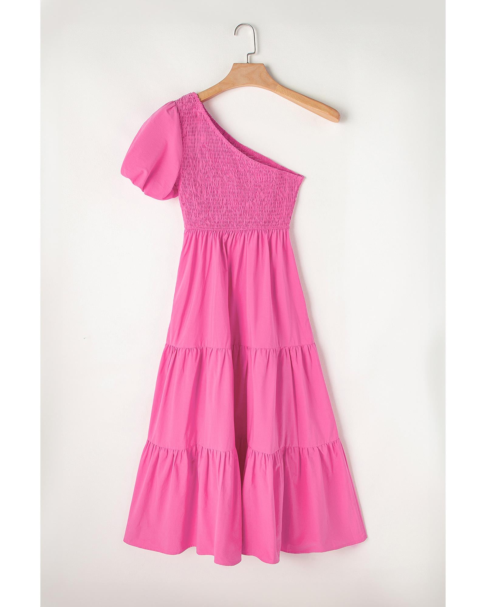 Strawberry Pink Asymmetric Puff Sleeve Smocked Bodice Tiered Midi Dress - L 8