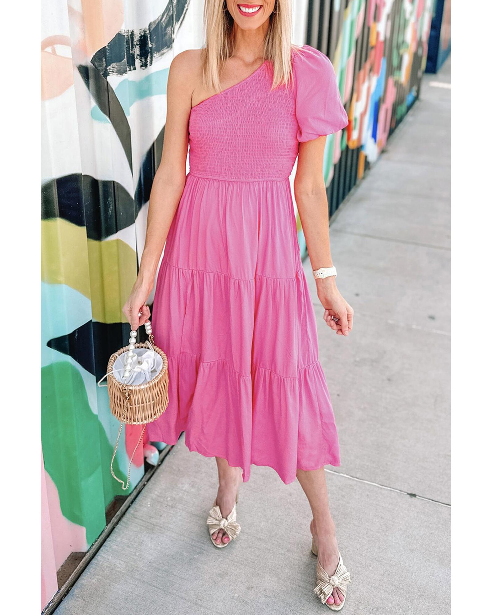 Strawberry Pink Asymmetric Puff Sleeve Smocked Bodice Tiered Midi Dress - XL