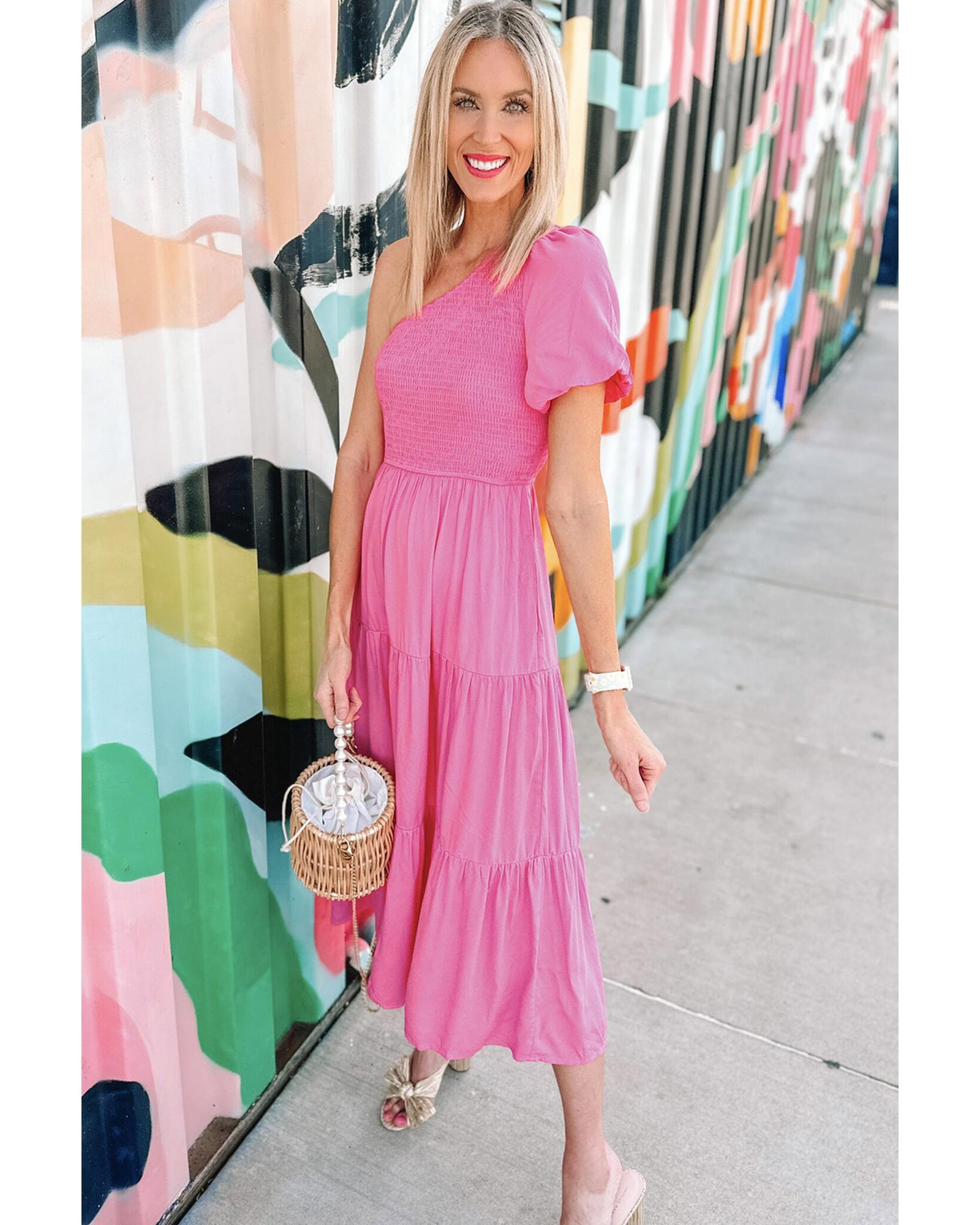 Strawberry Pink Asymmetric Puff Sleeve Smocked Bodice Tiered Midi Dress - XL 3