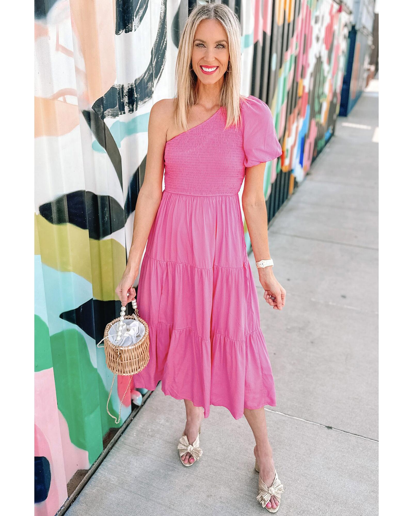 Strawberry Pink Asymmetric Puff Sleeve Smocked Bodice Tiered Midi Dress - XL 5