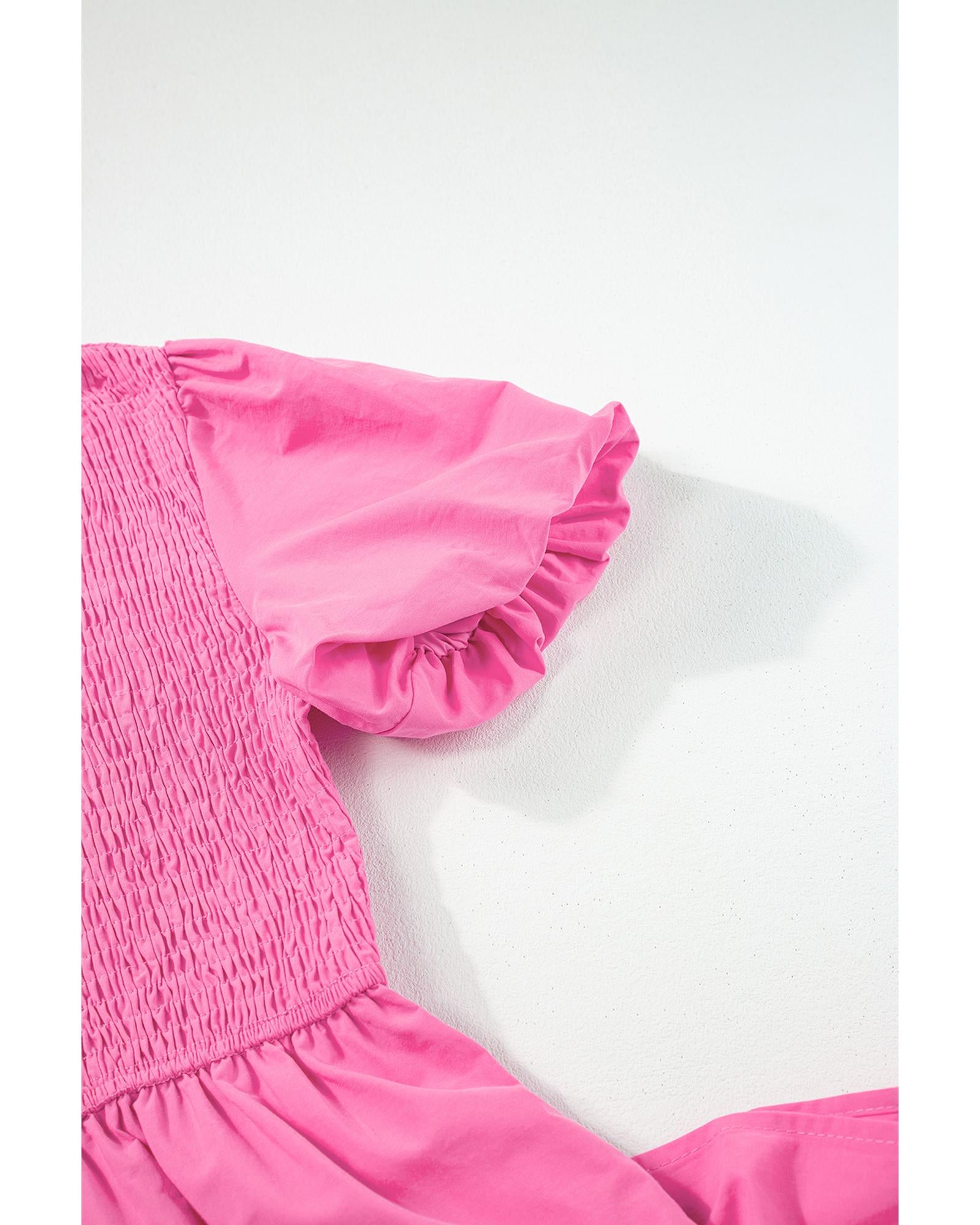 Strawberry Pink Asymmetric Puff Sleeve Smocked Bodice Tiered Midi Dress - XL 6