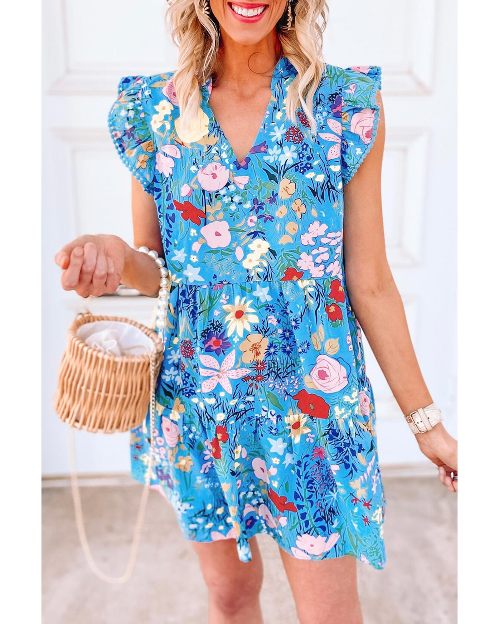 Sky Blue Floral Flutter Sleeve V Neck Ruffled Dress - L