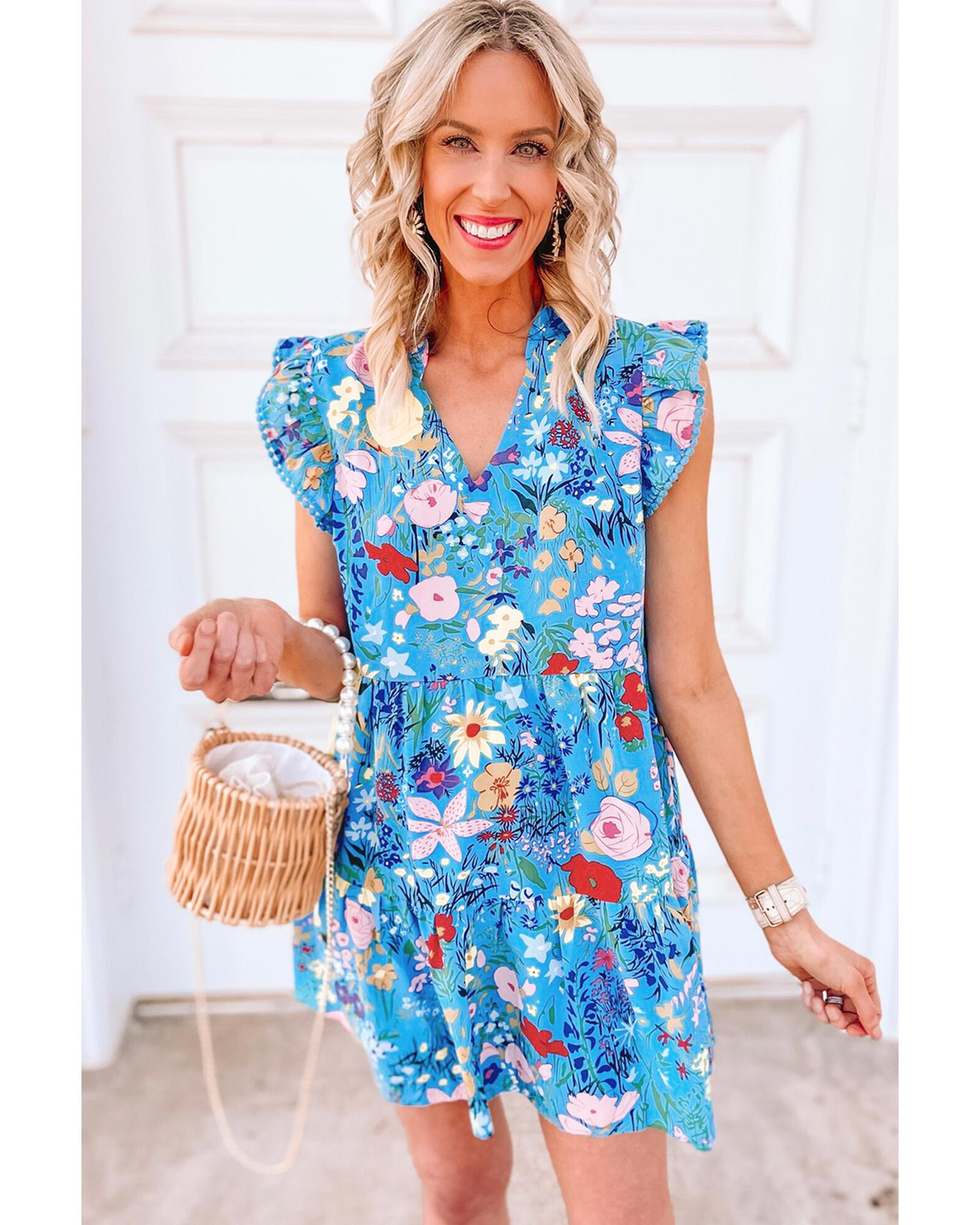 Sky Blue Floral Flutter Sleeve V Neck Ruffled Dress - M 4