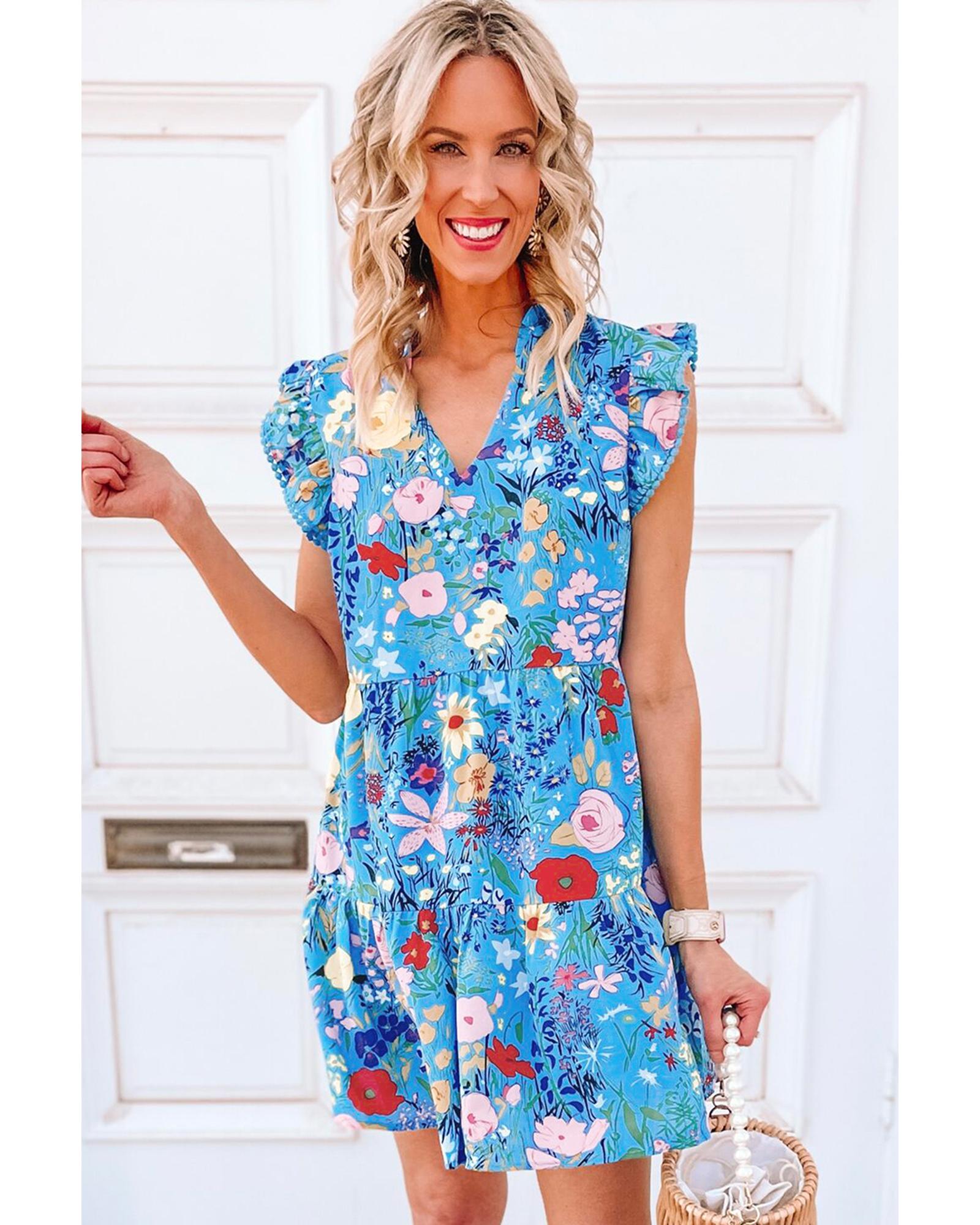 Sky Blue Floral Flutter Sleeve V Neck Ruffled Dress - S 3