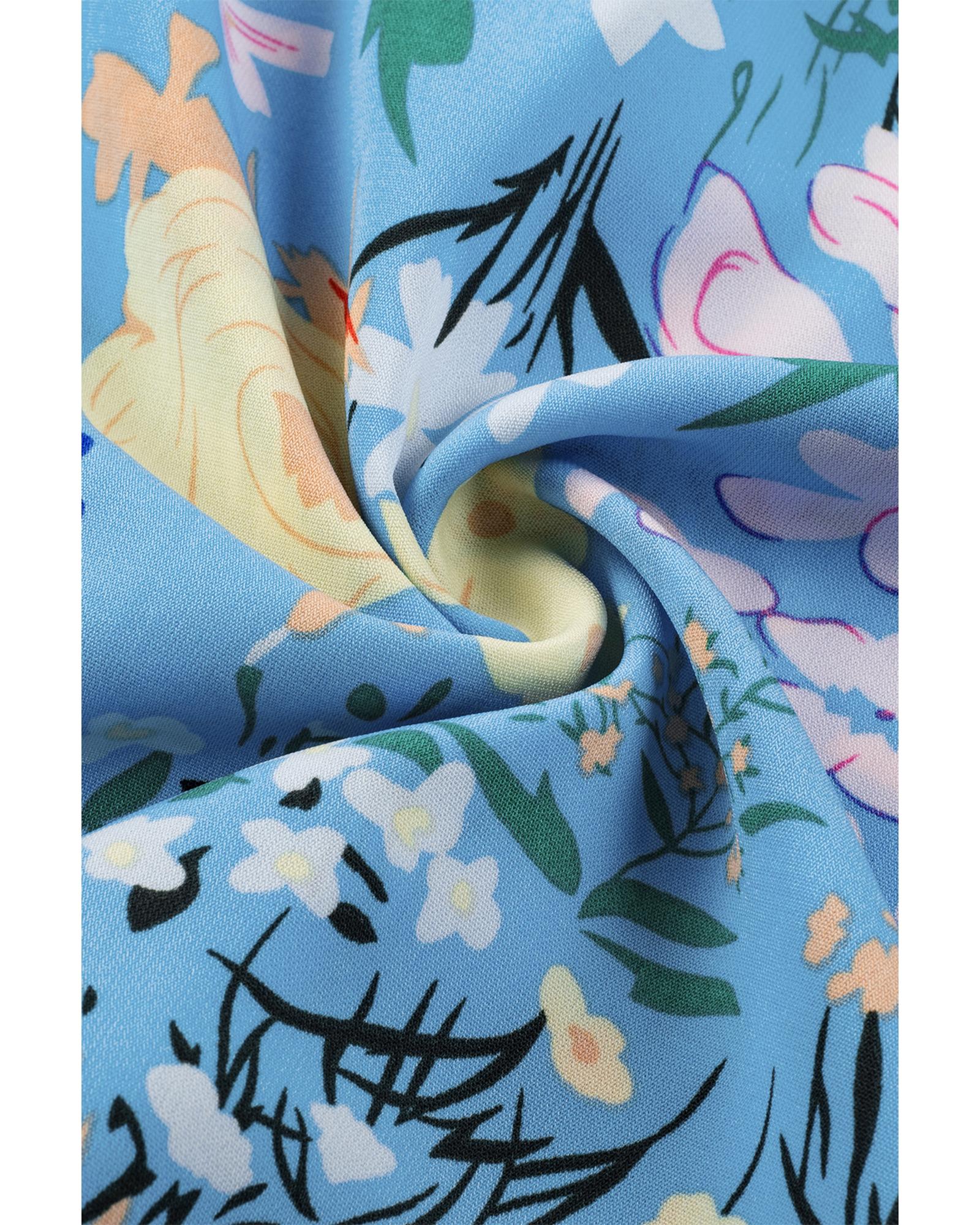 Sky Blue Floral Flutter Sleeve V Neck Ruffled Dress - S 5