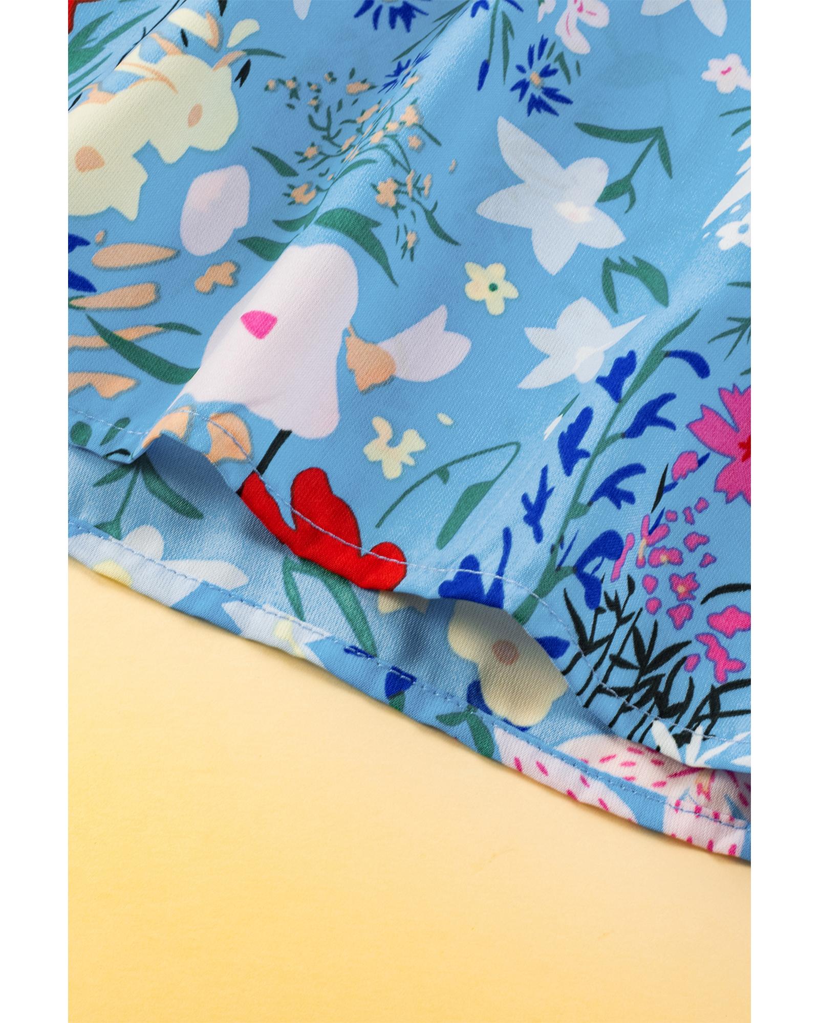 Sky Blue Floral Flutter Sleeve V Neck Ruffled Dress - S 6