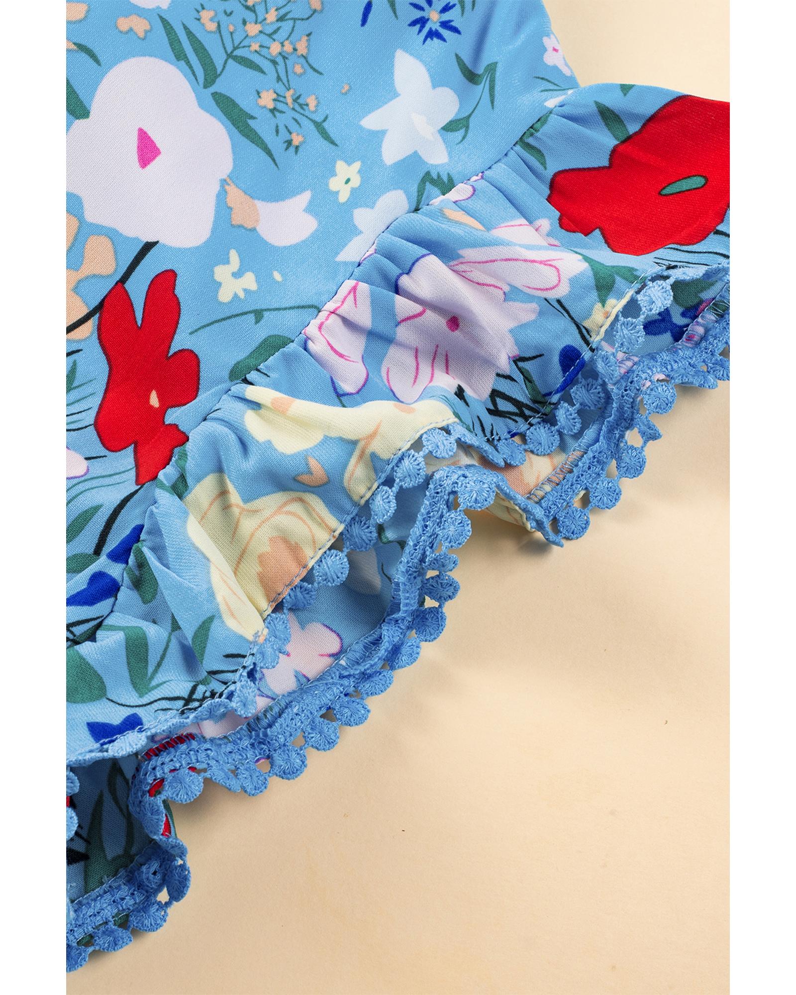 Sky Blue Floral Flutter Sleeve V Neck Ruffled Dress - S 7