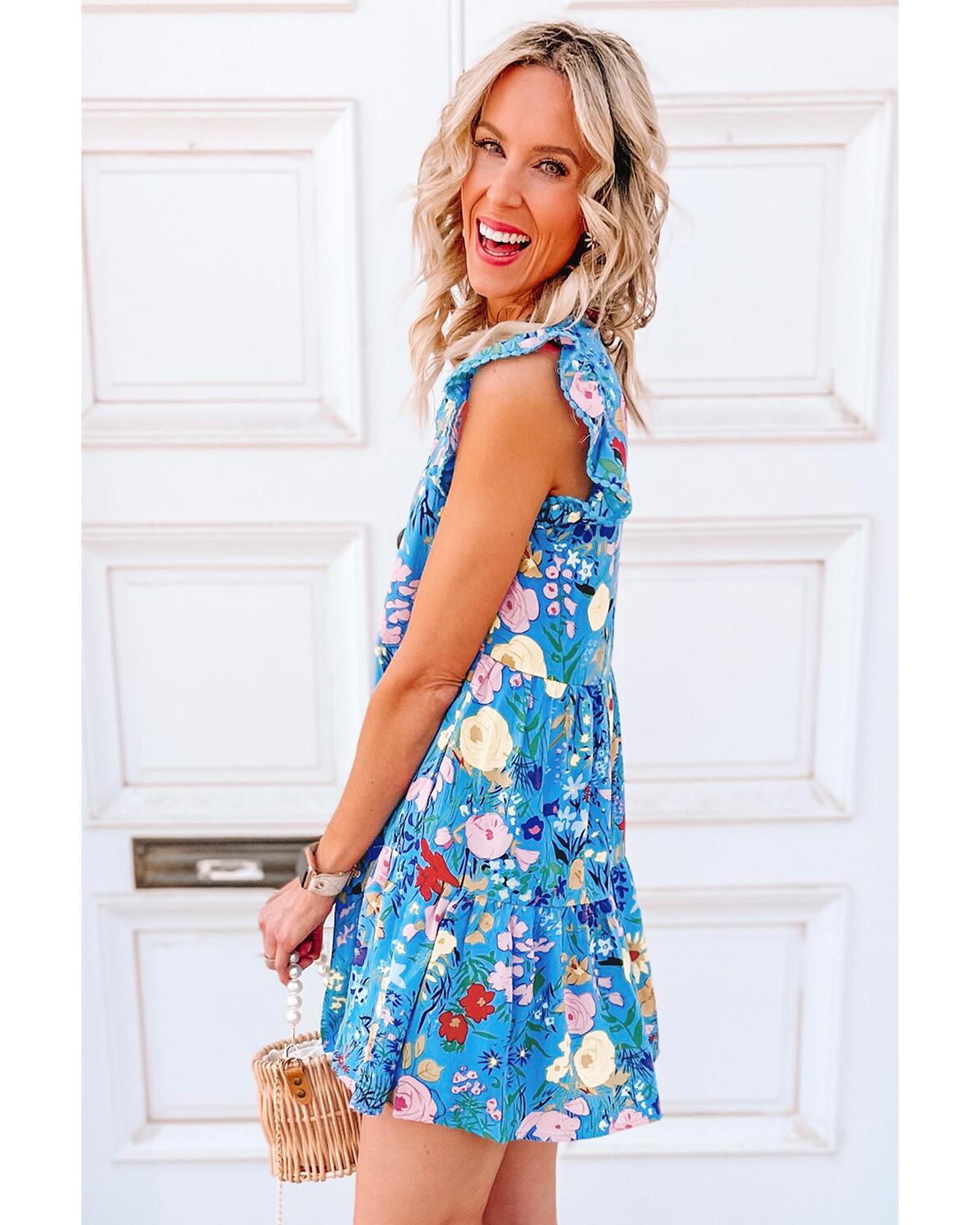 Sky Blue Floral Flutter Sleeve V Neck Ruffled Dress - XL