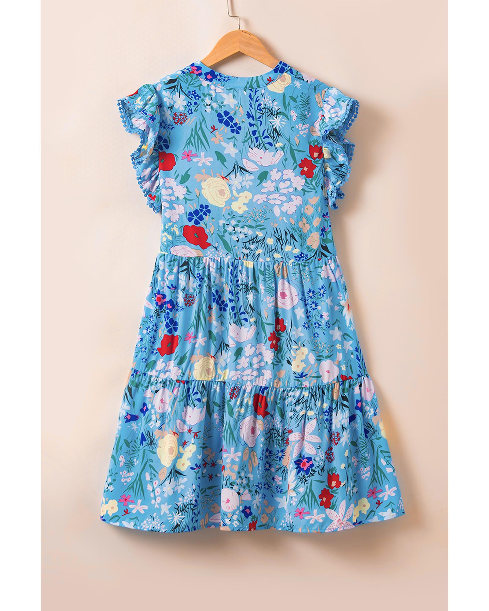 Sky Blue Floral Flutter Sleeve V Neck Ruffled Dress - XL 6