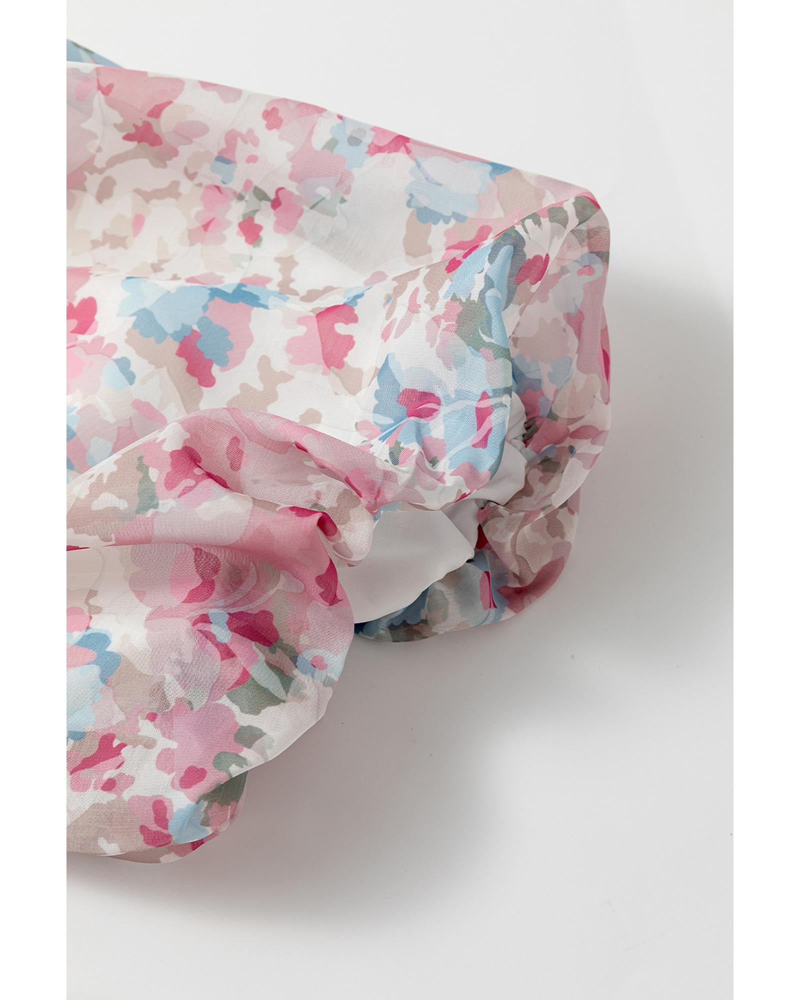 Pink Floral Puff Sleeve Square Neck Smock Ruffled Dress - L 3