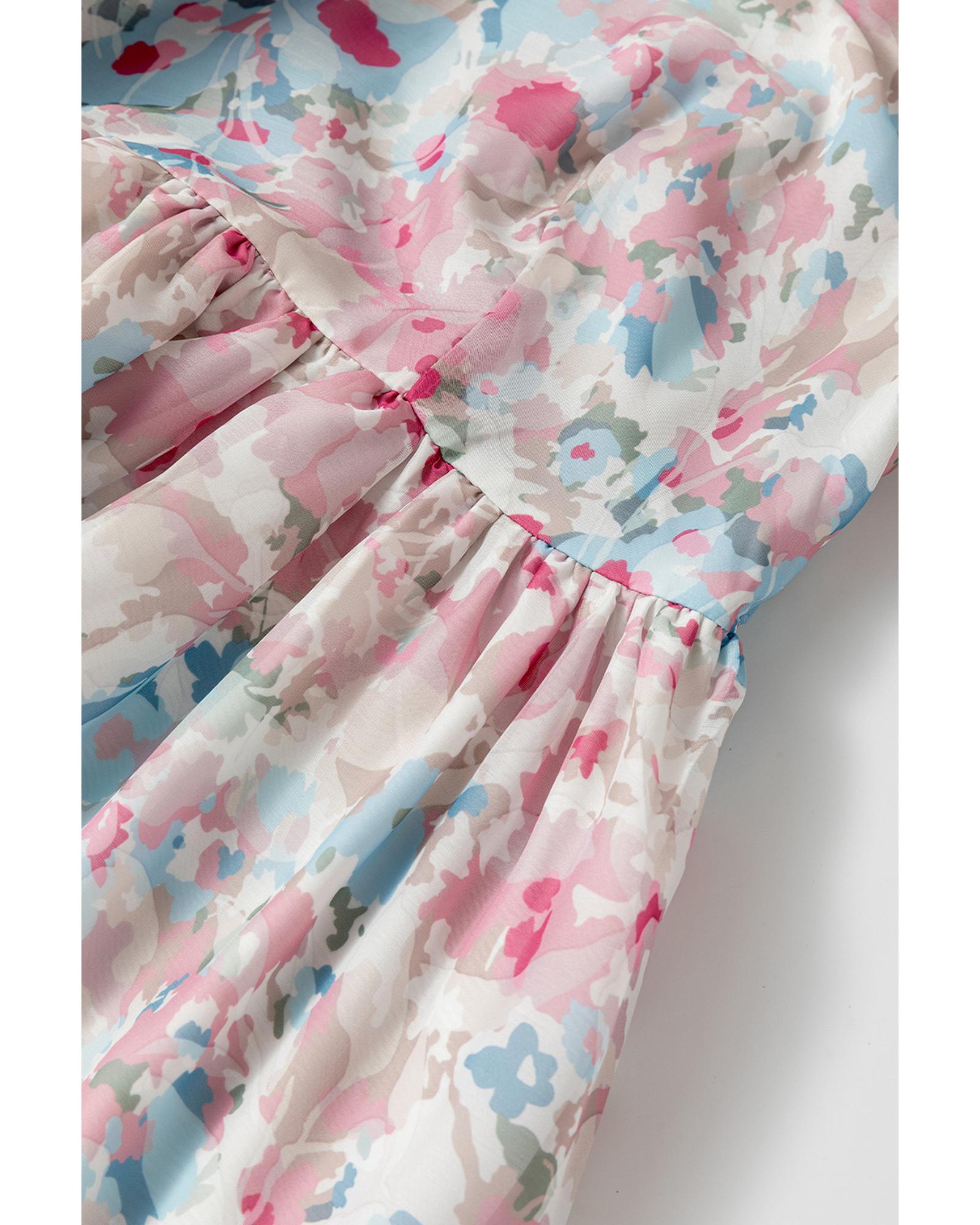 Pink Floral Puff Sleeve Square Neck Smock Ruffled Dress - L 7