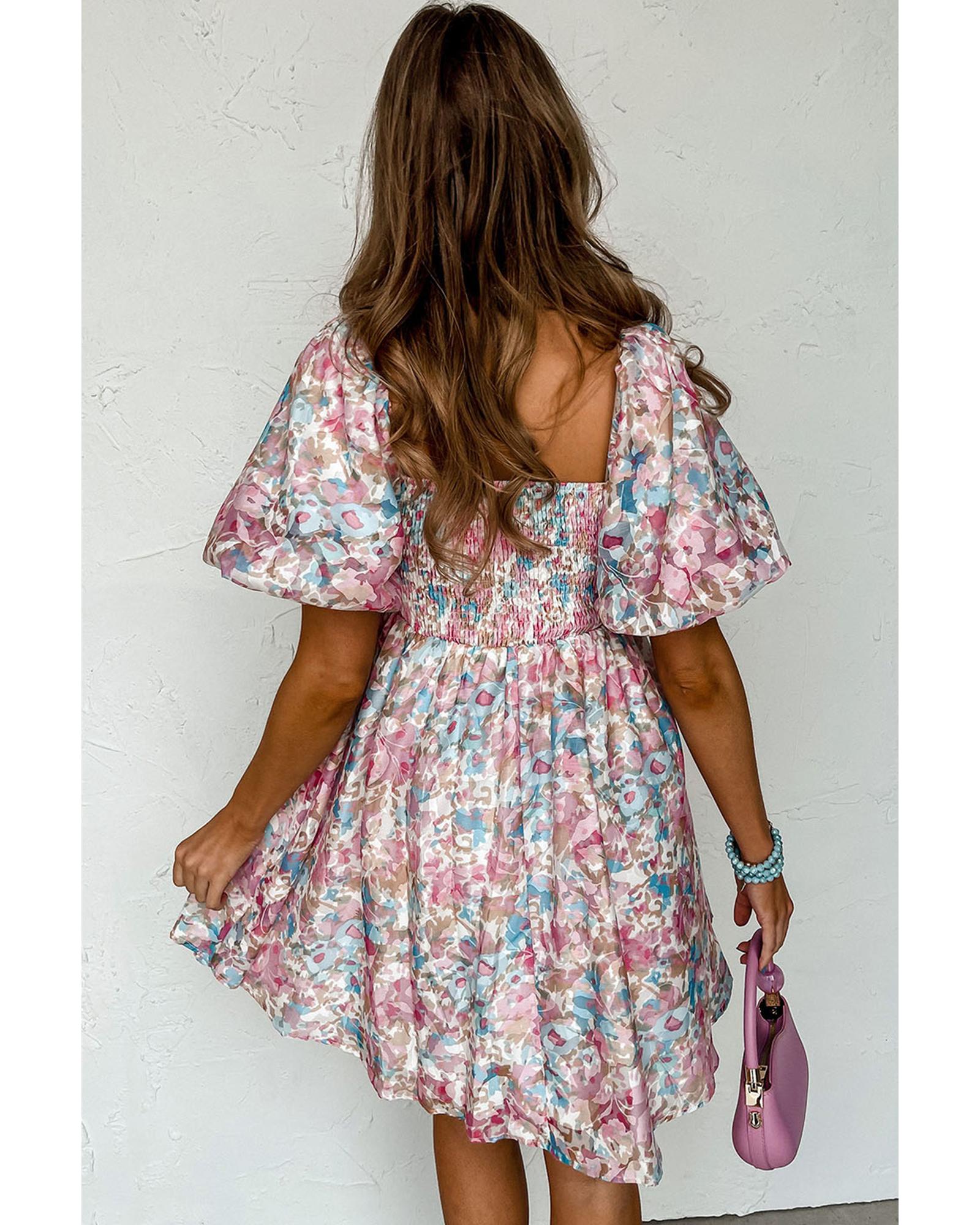 Pink Floral Puff Sleeve Square Neck Smock Ruffled Dress - M