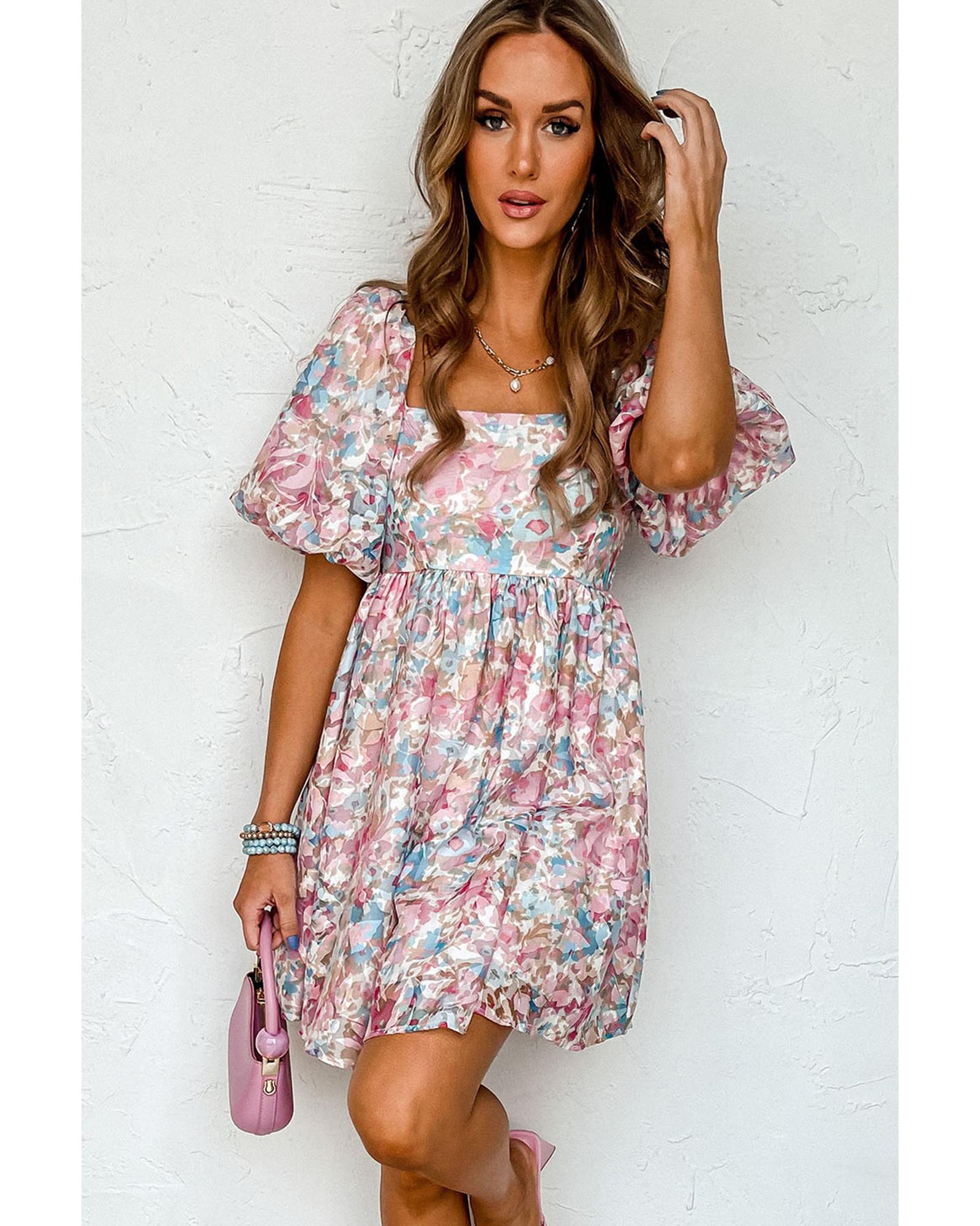 Pink Floral Puff Sleeve Square Neck Smock Ruffled Dress - M 3
