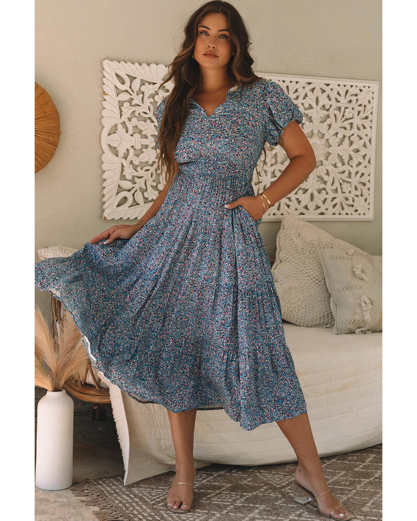 Blue Printed V Neck Shirred Short Puff Sleeve Maxi Dress - L 3