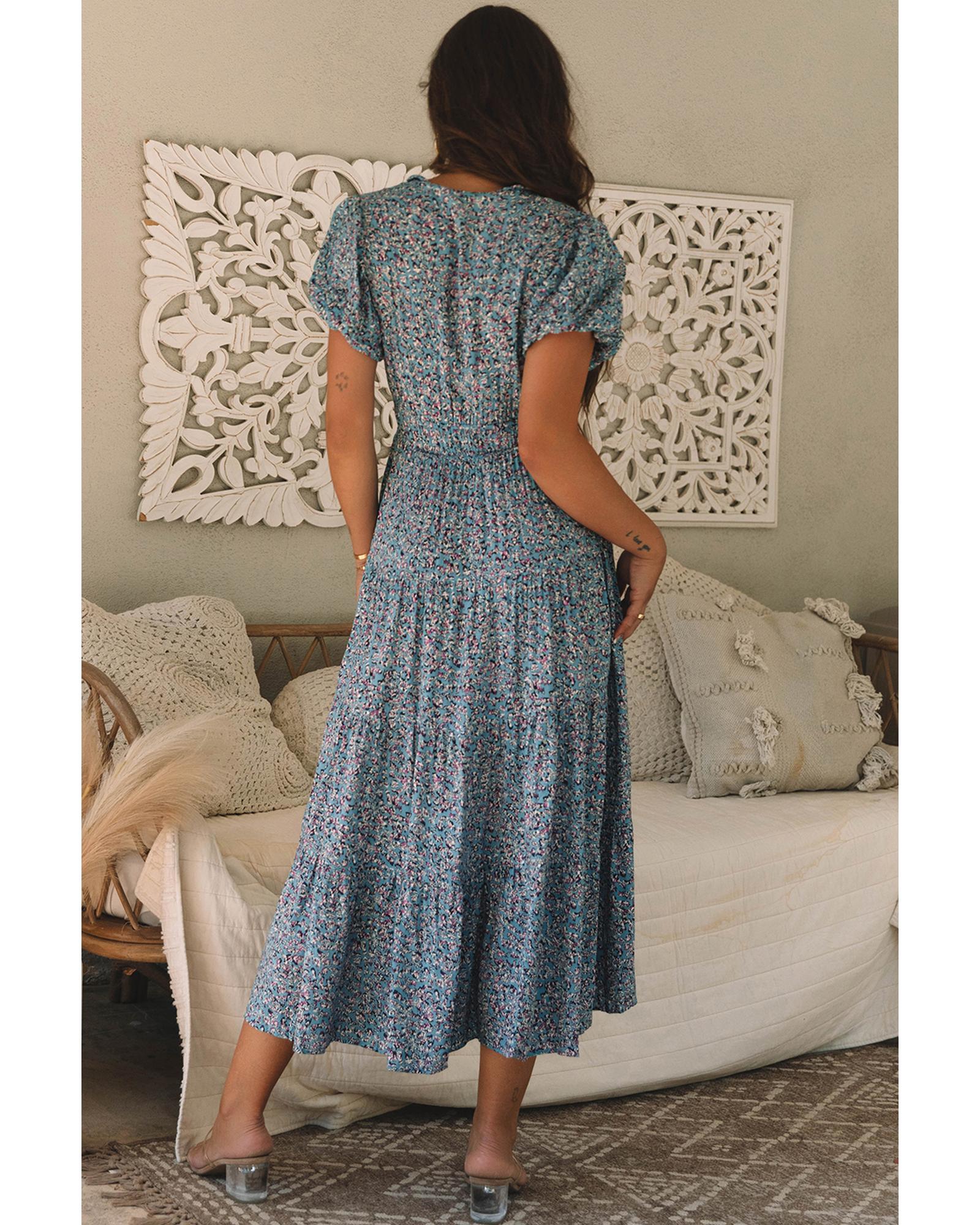 Blue Printed V Neck Shirred Short Puff Sleeve Maxi Dress - L 4