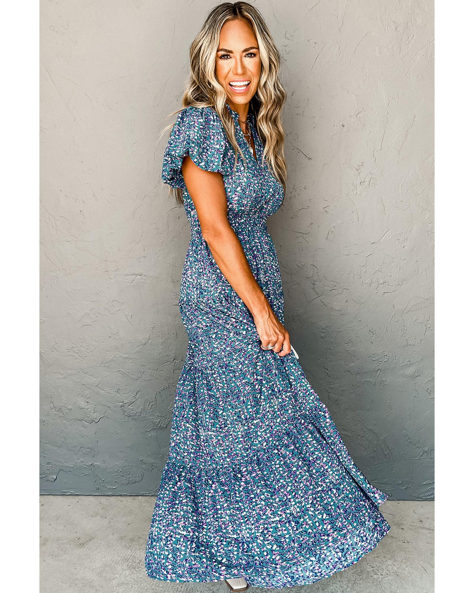 Blue Printed V Neck Shirred Short Puff Sleeve Maxi Dress - L 6
