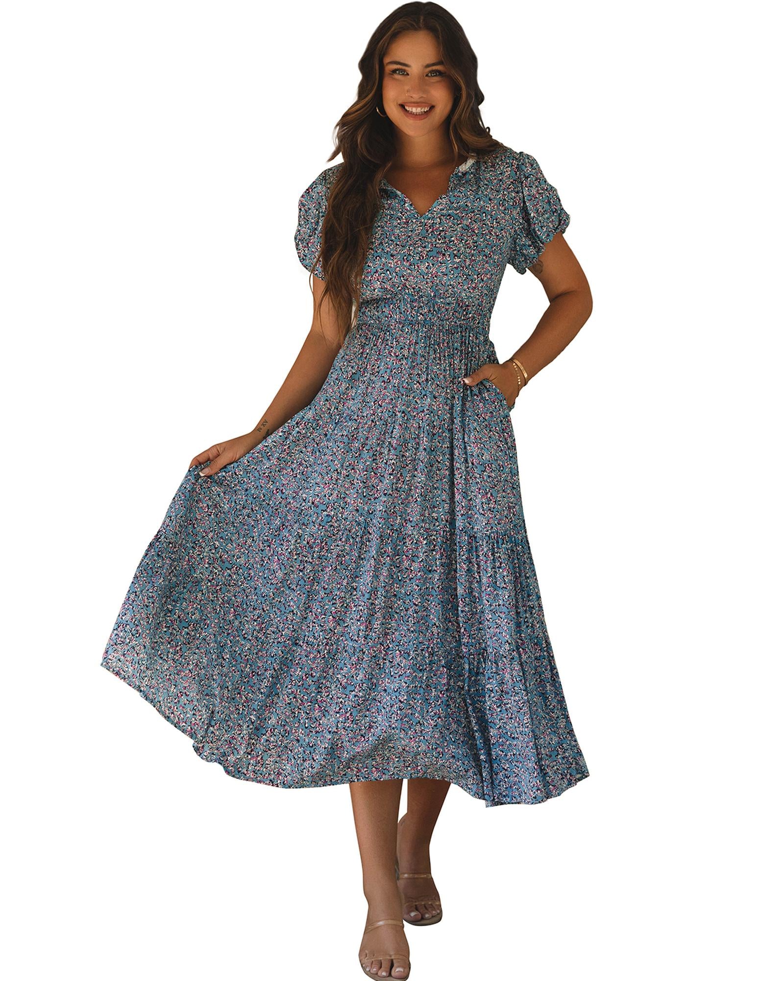 Blue Printed V Neck Shirred Short Puff Sleeve Maxi Dress - L 8