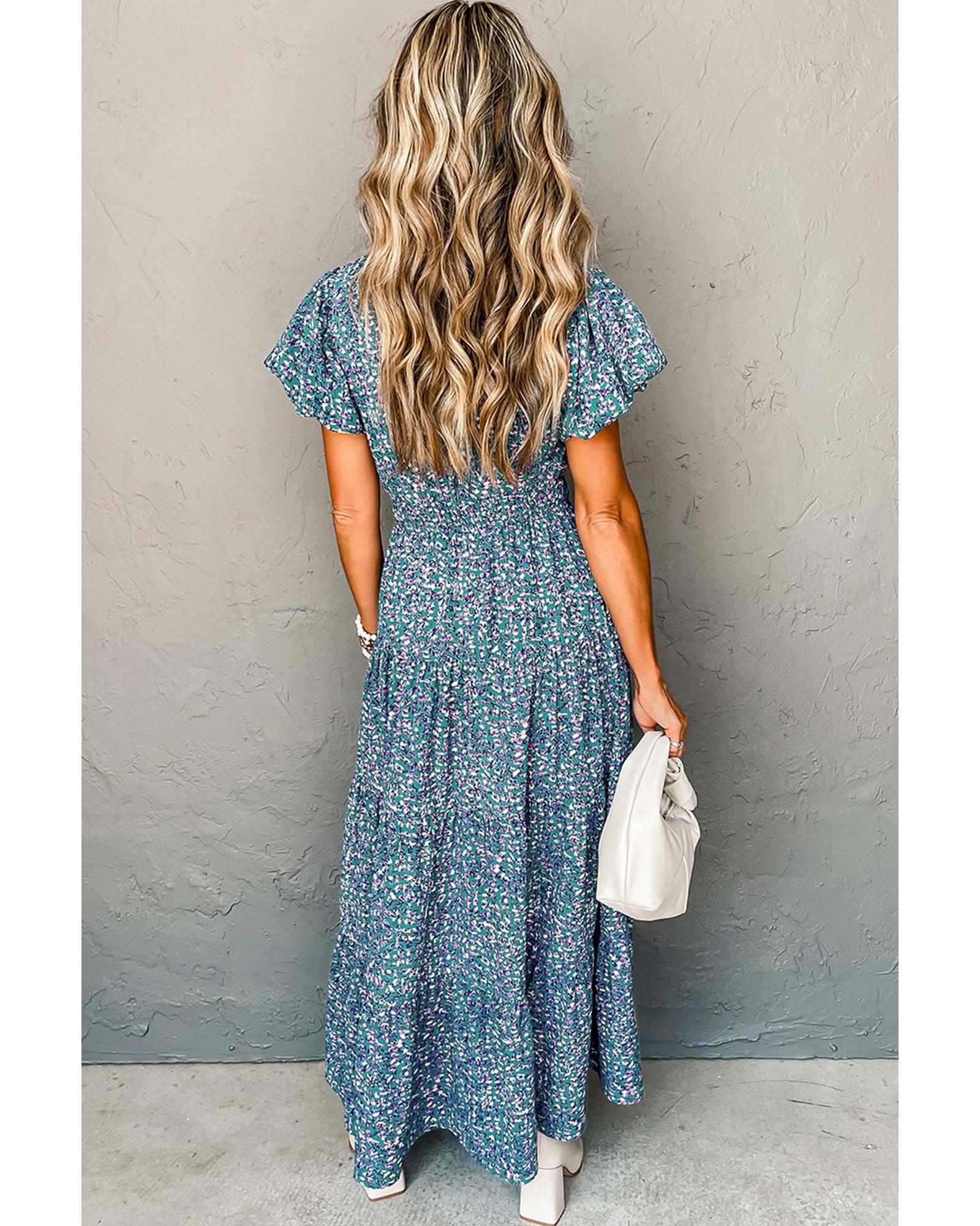 Blue Printed V Neck Shirred Short Puff Sleeve Maxi Dress - S 5