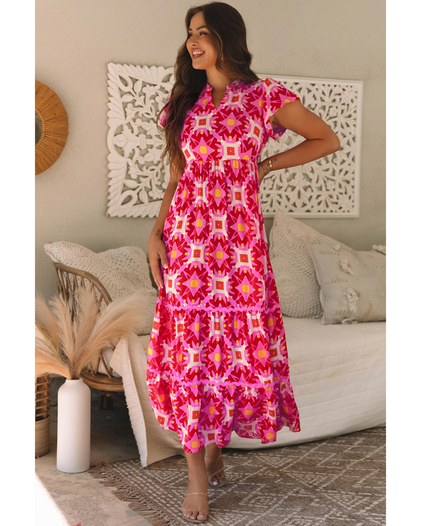 Strawberry Pink Geo Print V-neck Maxi Dress - M