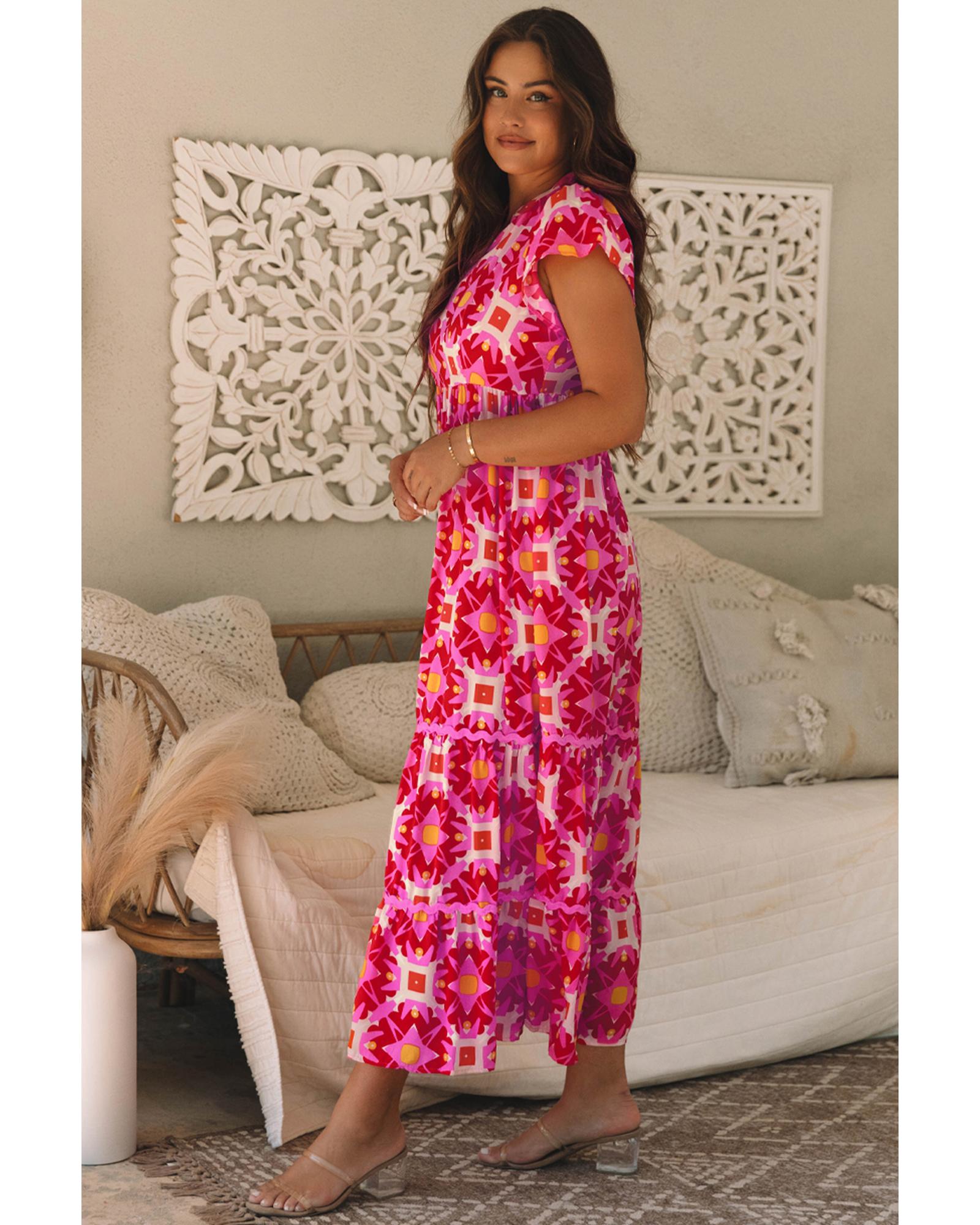 Strawberry Pink Geo Print V-neck Maxi Dress - M 4