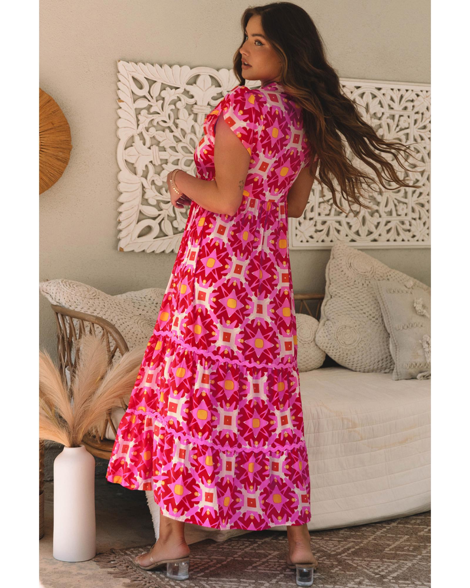 Strawberry Pink Geo Print V-neck Maxi Dress - M 5