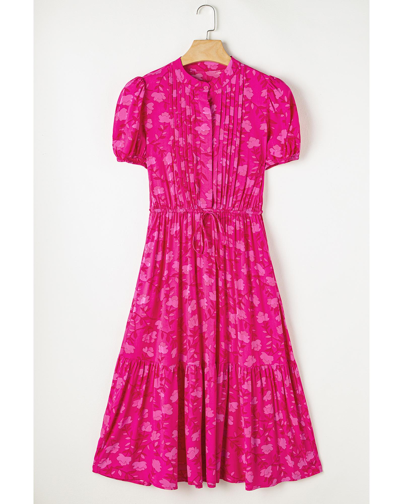 Rose Red Floral Print Pleated Drawstring Flowy Midi Dress - L