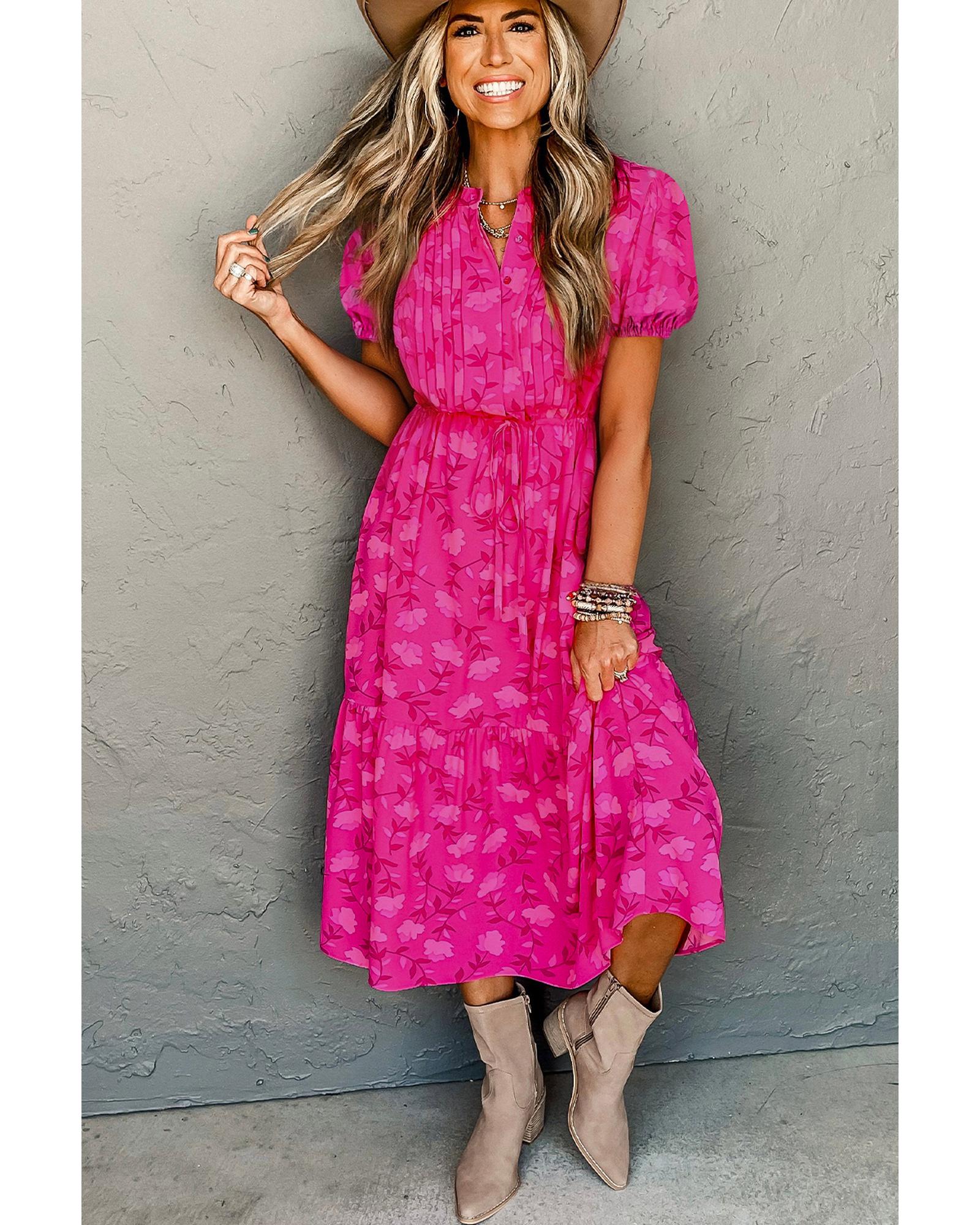 Rose Red Floral Print Pleated Drawstring Flowy Midi Dress - M 5